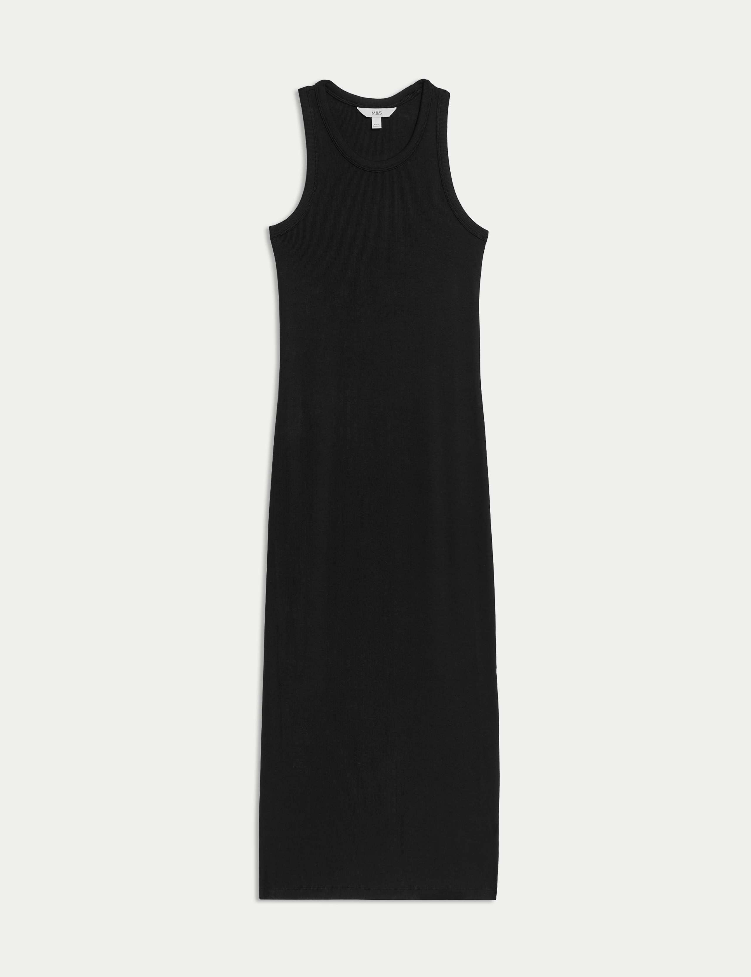 Cotton Rich Ribbed Crew Neck Midi Column Dress 2 of 4