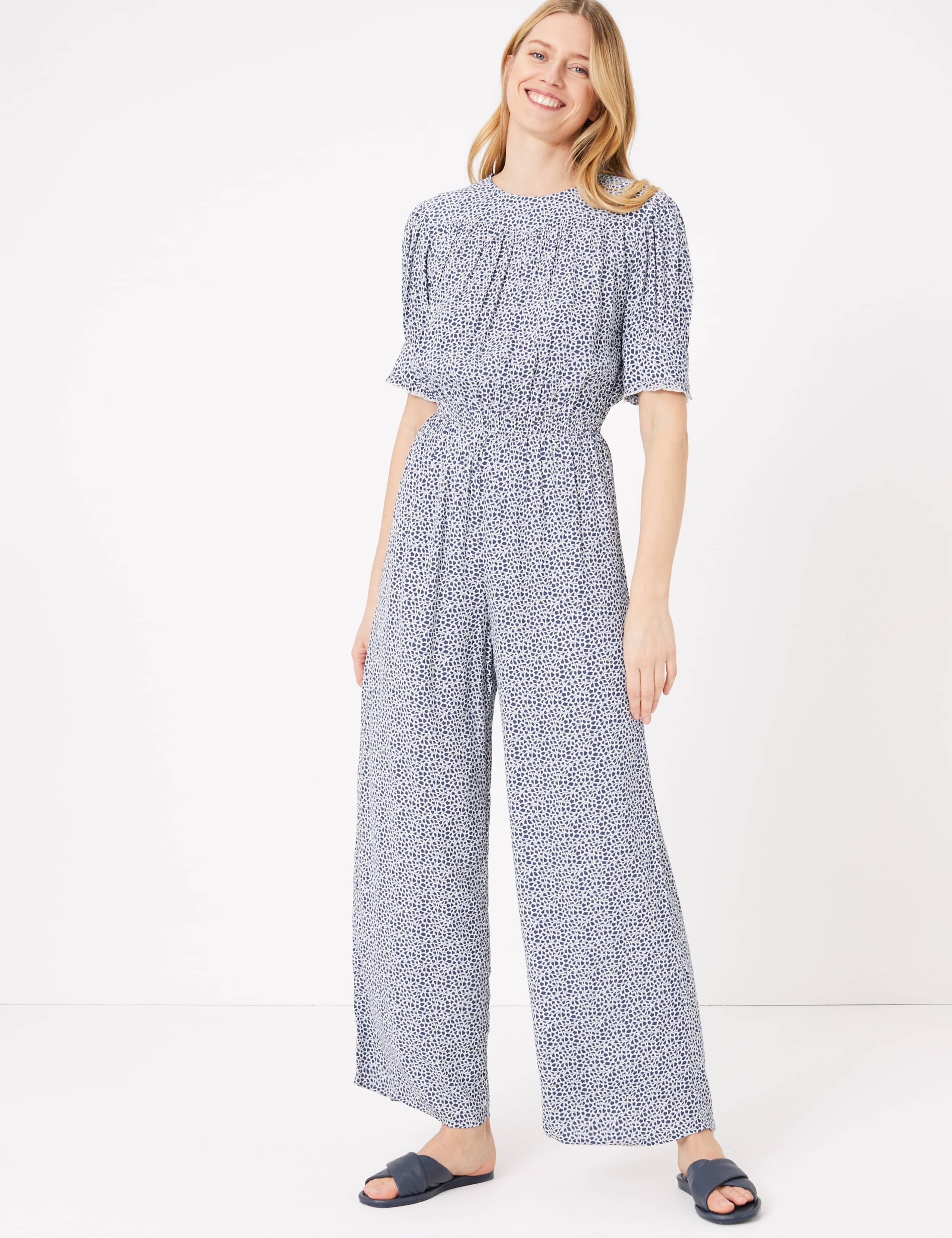 Printed Short Sleeve Waisted Jumpsuit 1 of 3