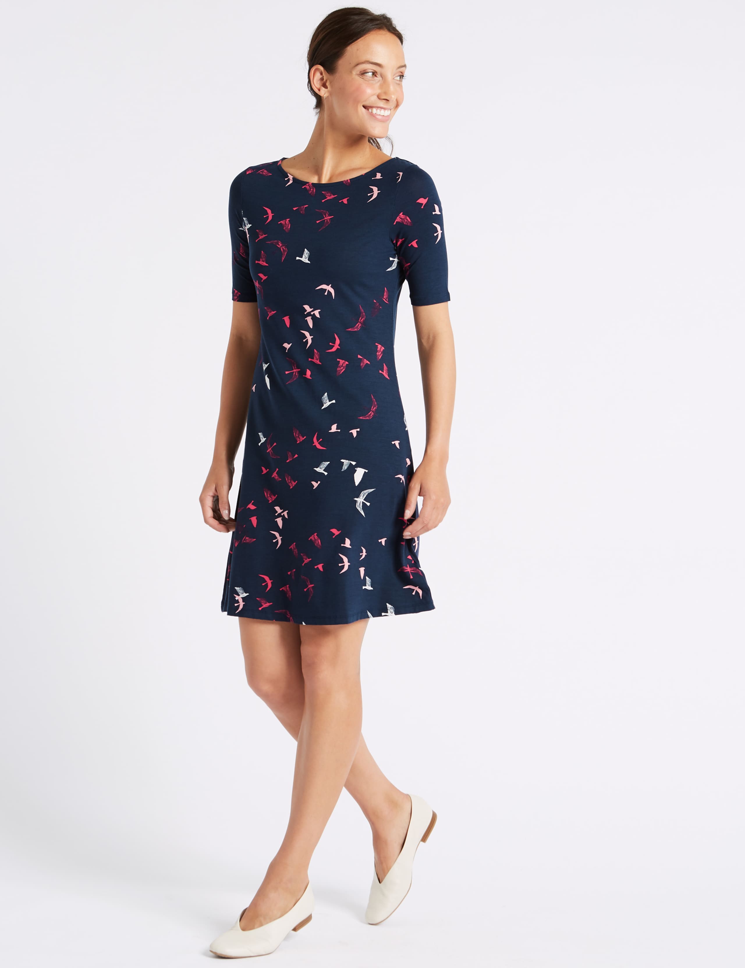 Bird Print Half Sleeve Swing Dress 1 of 6
