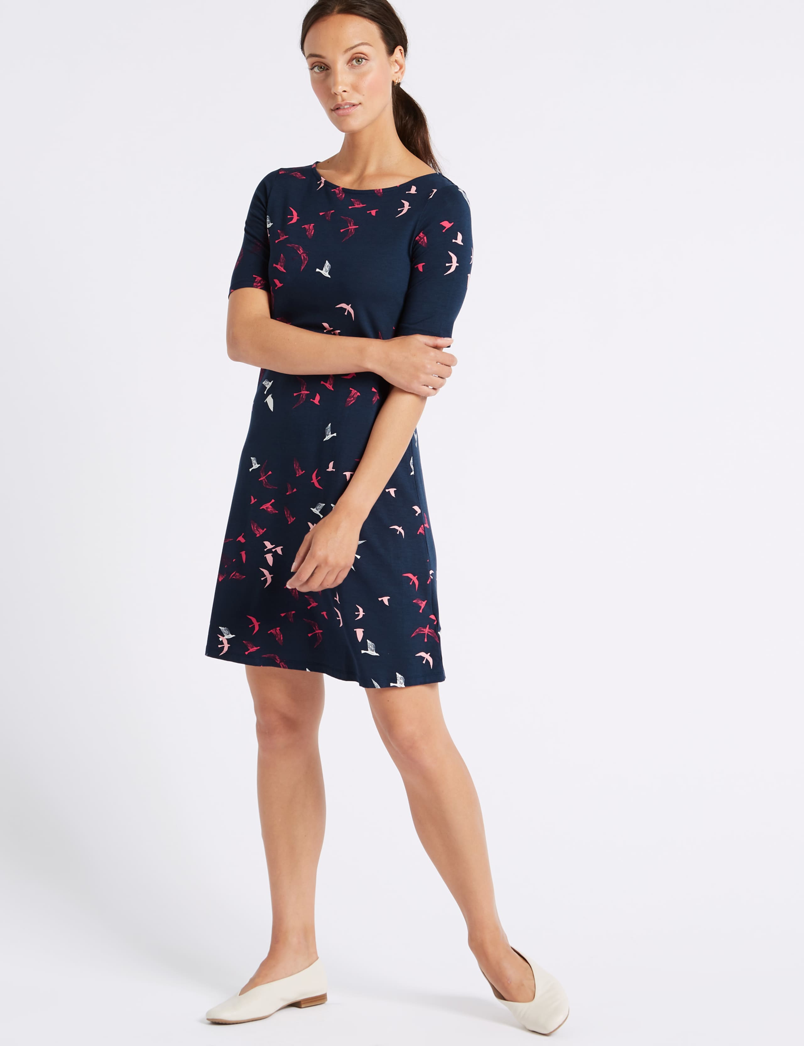 Bird Print Half Sleeve Swing Dress 4 of 6