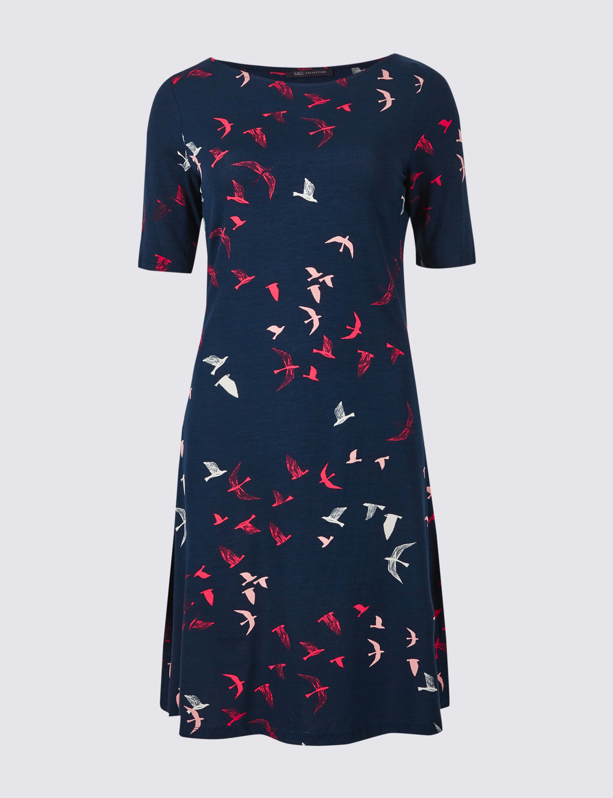 Bird Print Half Sleeve Swing Dress 2 of 6
