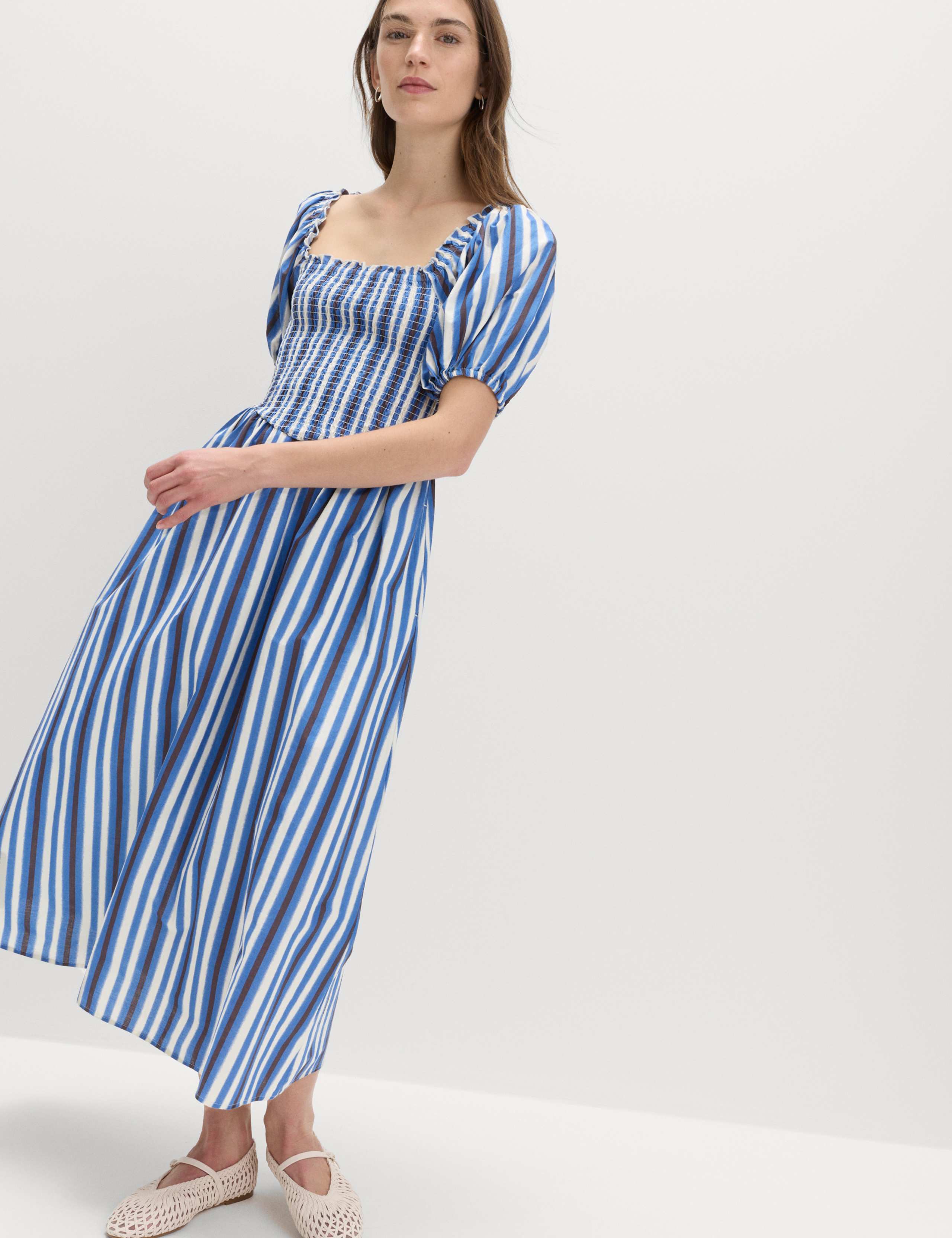 Pure Cotton Striped Shirred Midi Dress 1 of 6