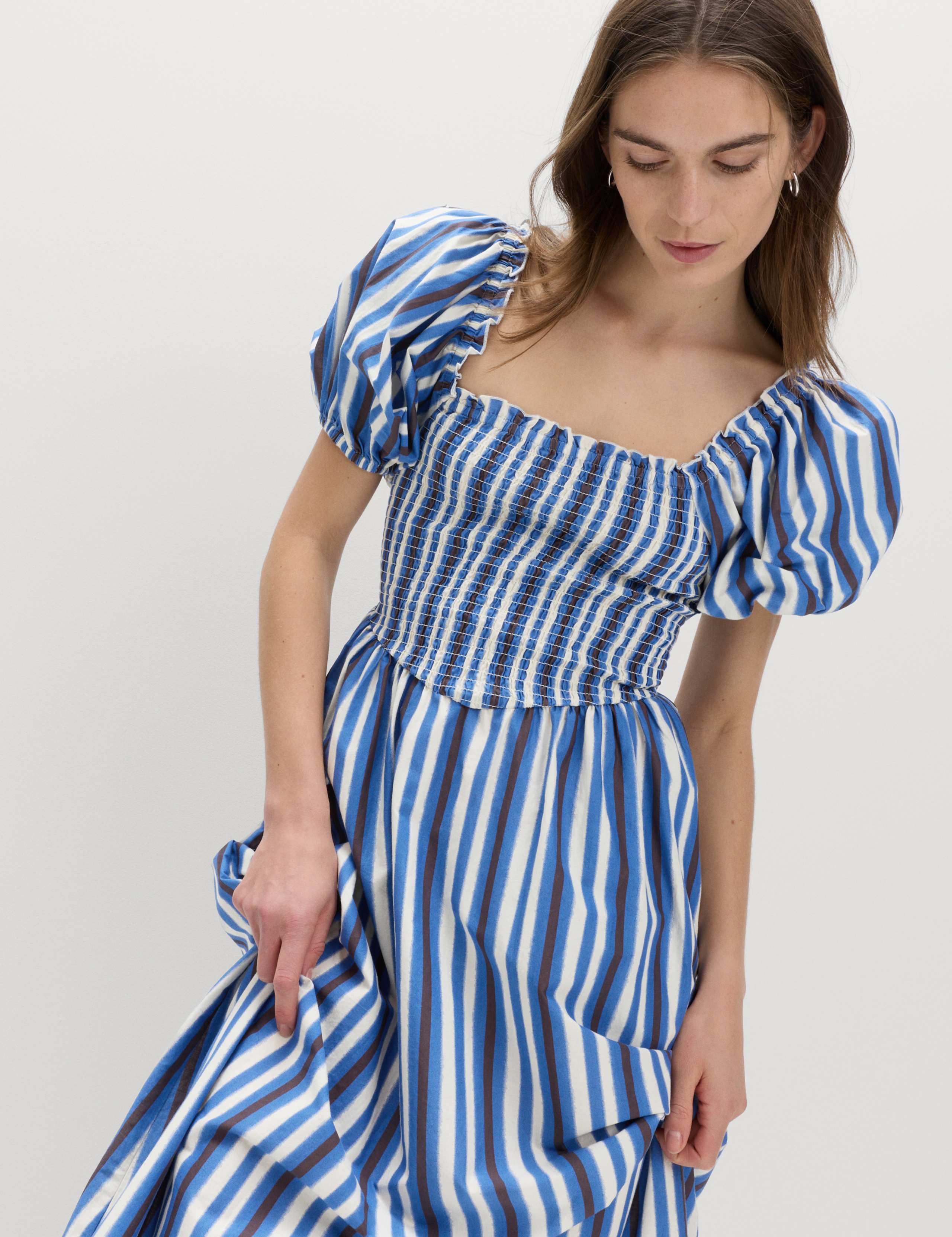 Pure Cotton Striped Shirred Midi Dress 3 of 6