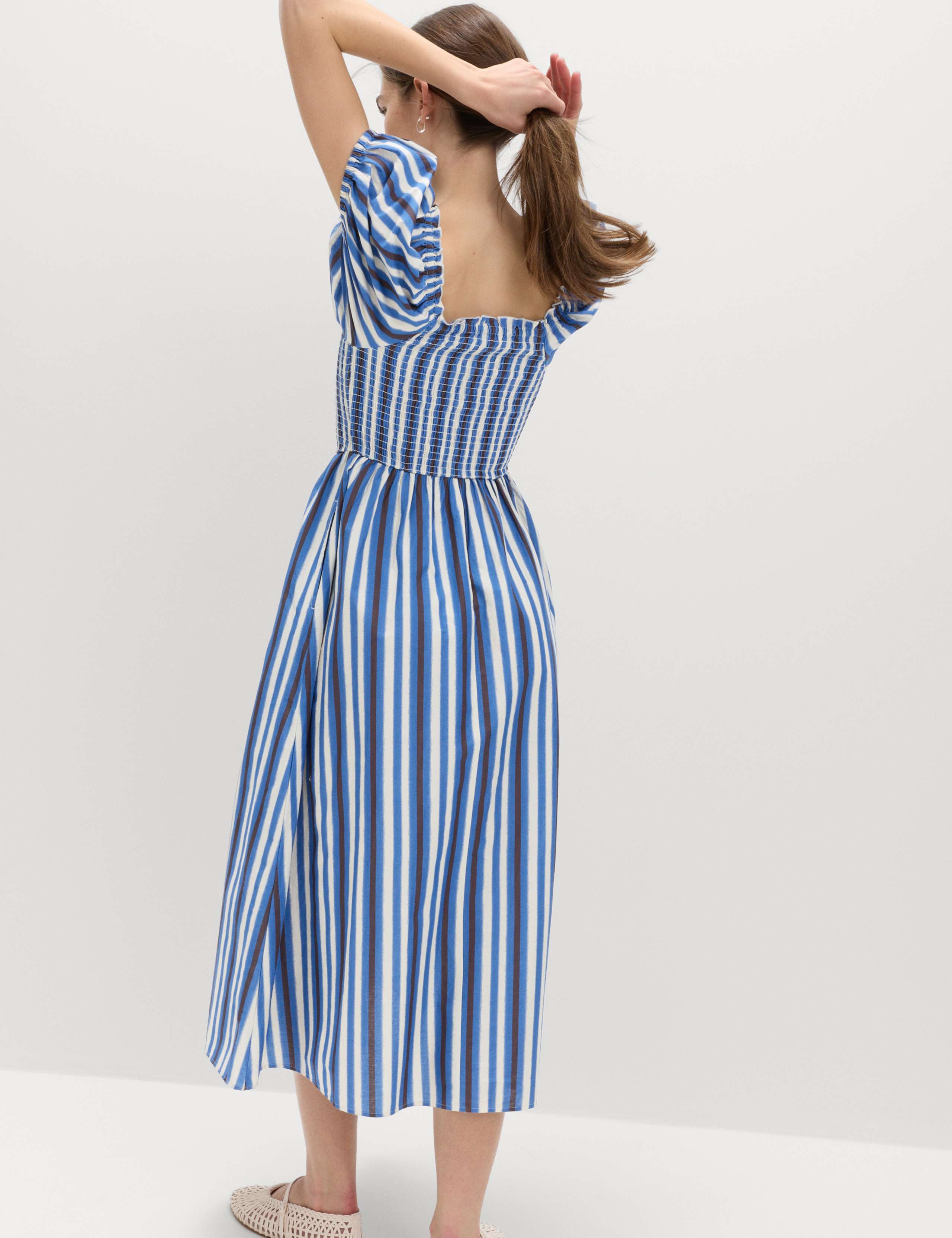 Pure Cotton Striped Shirred Midi Dress 4 of 6