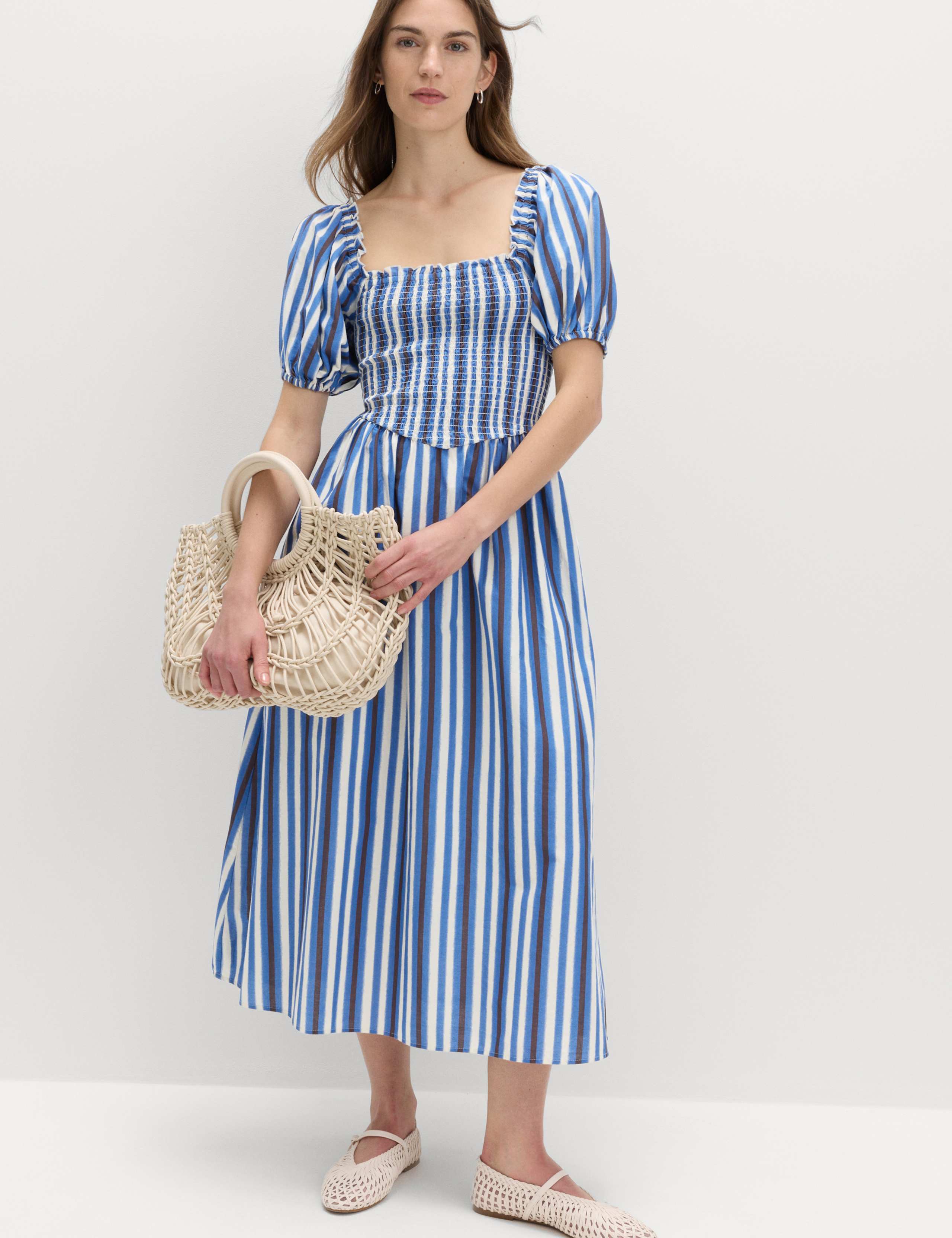 Pure Cotton Striped Shirred Midi Dress 6 of 6