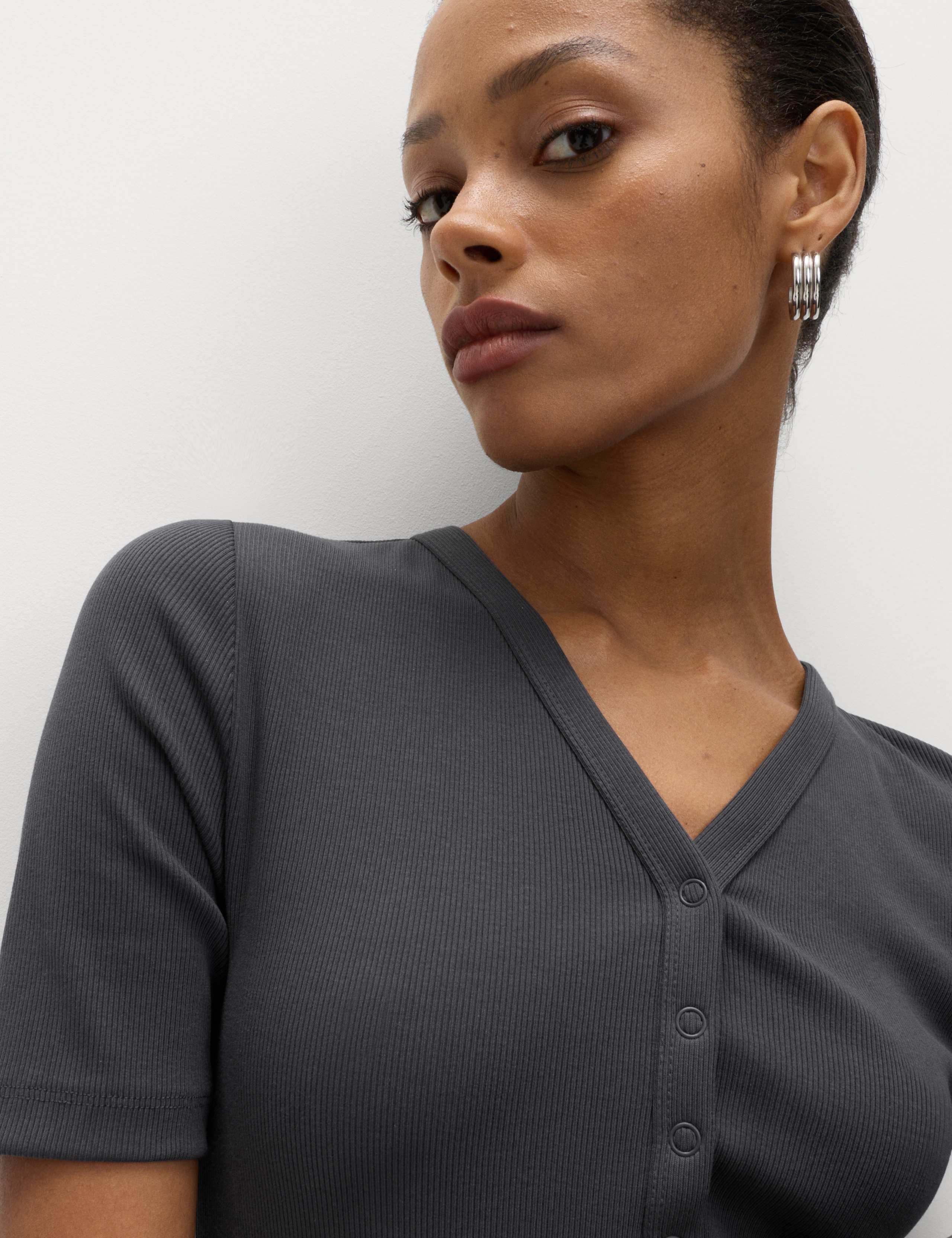 Cotton Rich Ribbed V-Neck Midi Column Dress 3 of 5