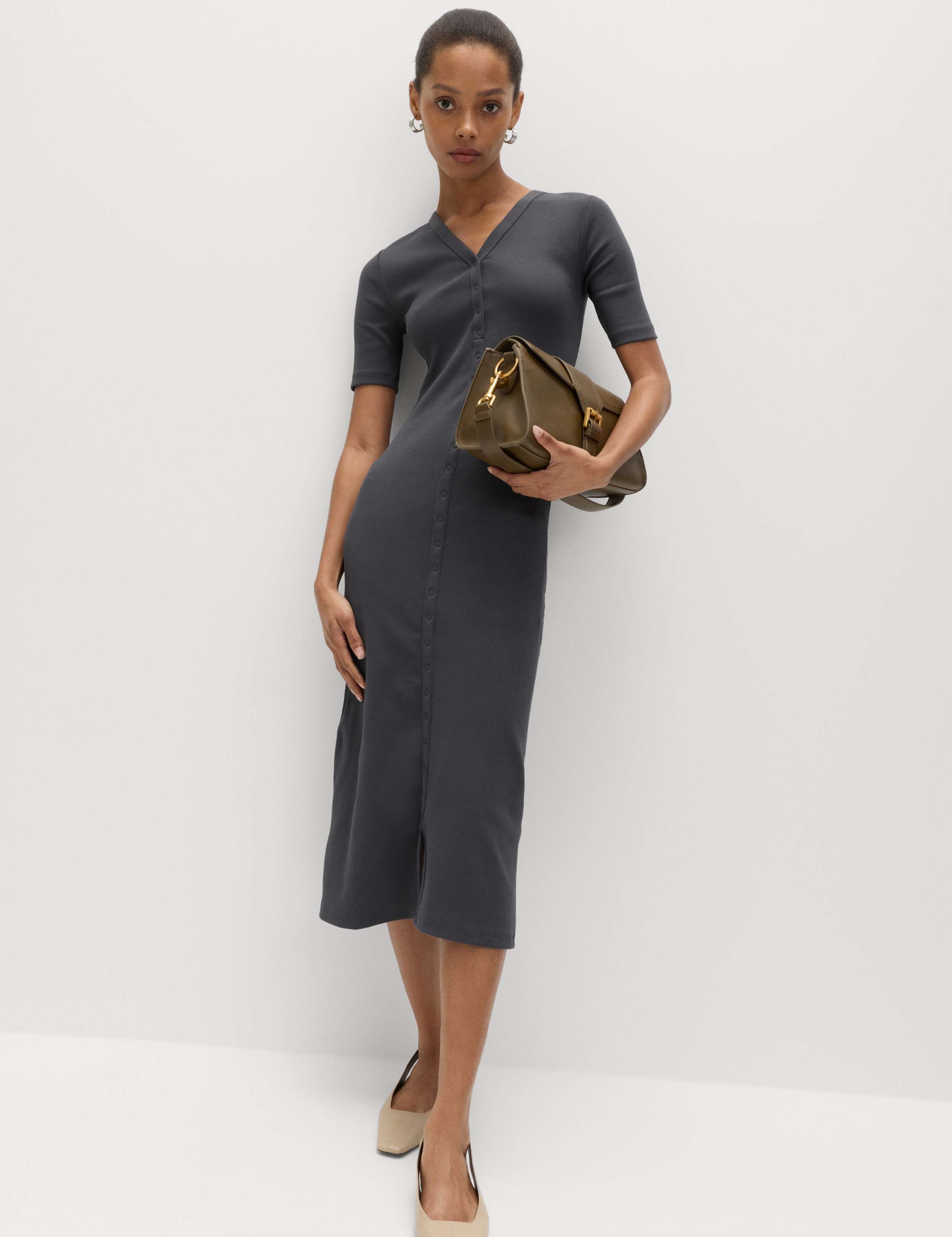 Cotton Rich Ribbed V-Neck Midi Column Dress 5 of 5