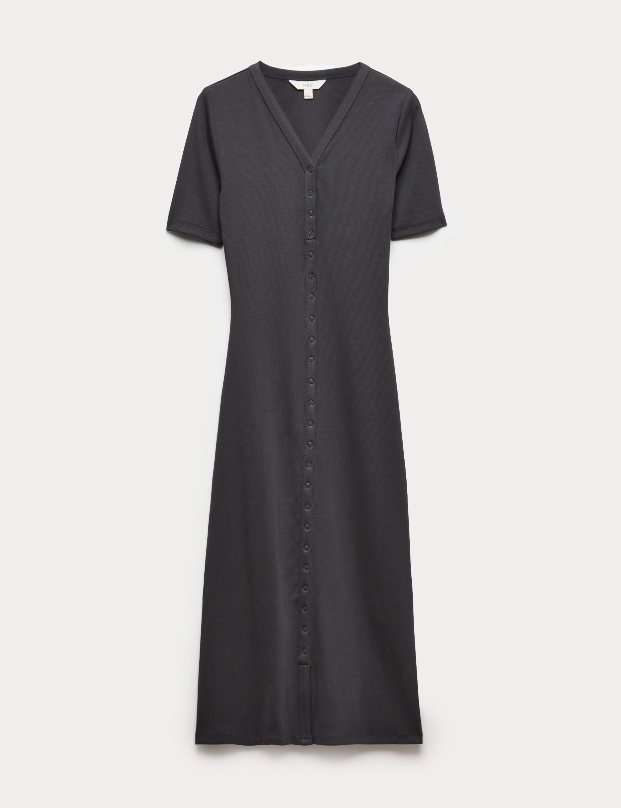 Cotton Rich Ribbed V-Neck Midi Column Dress 2 of 5