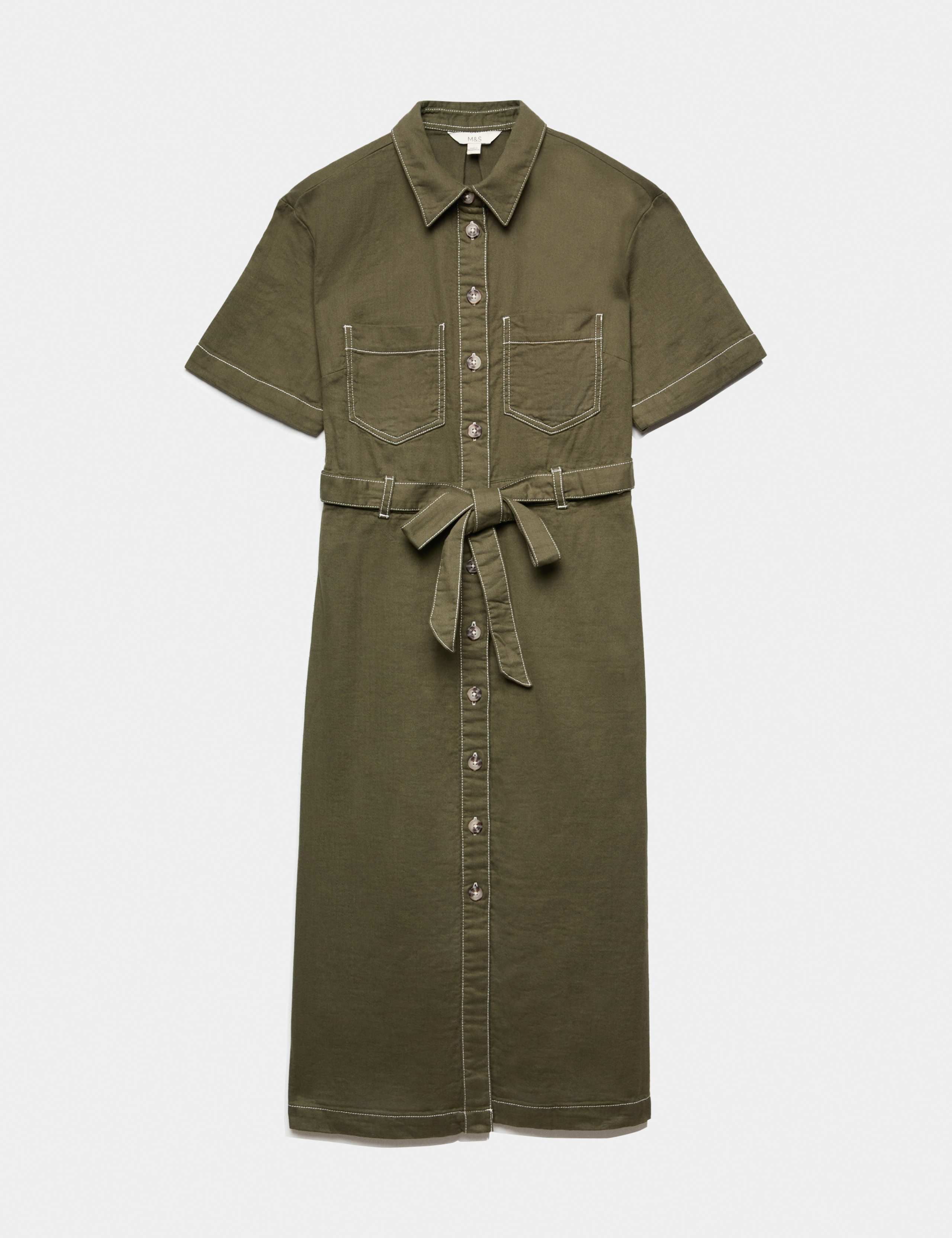 Pure Cotton Collared Belted Midi Utility Dress 2 of 6