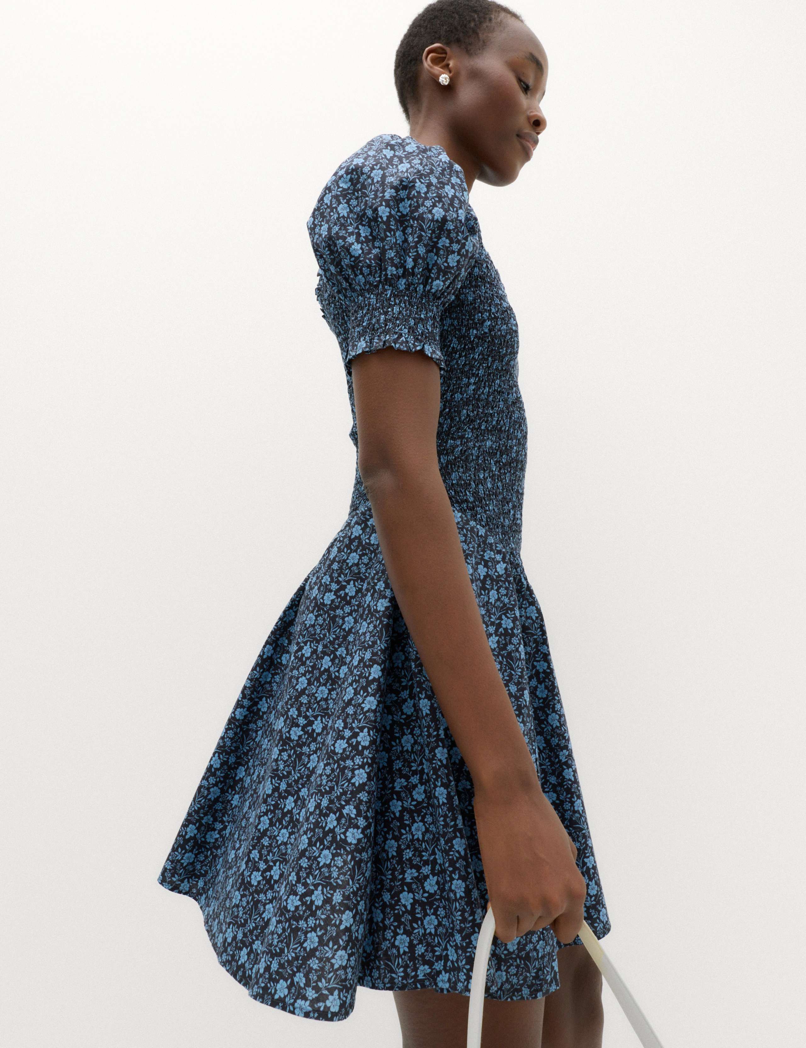 Pure Cotton Floral Mini Shirred Dress 4 of 7