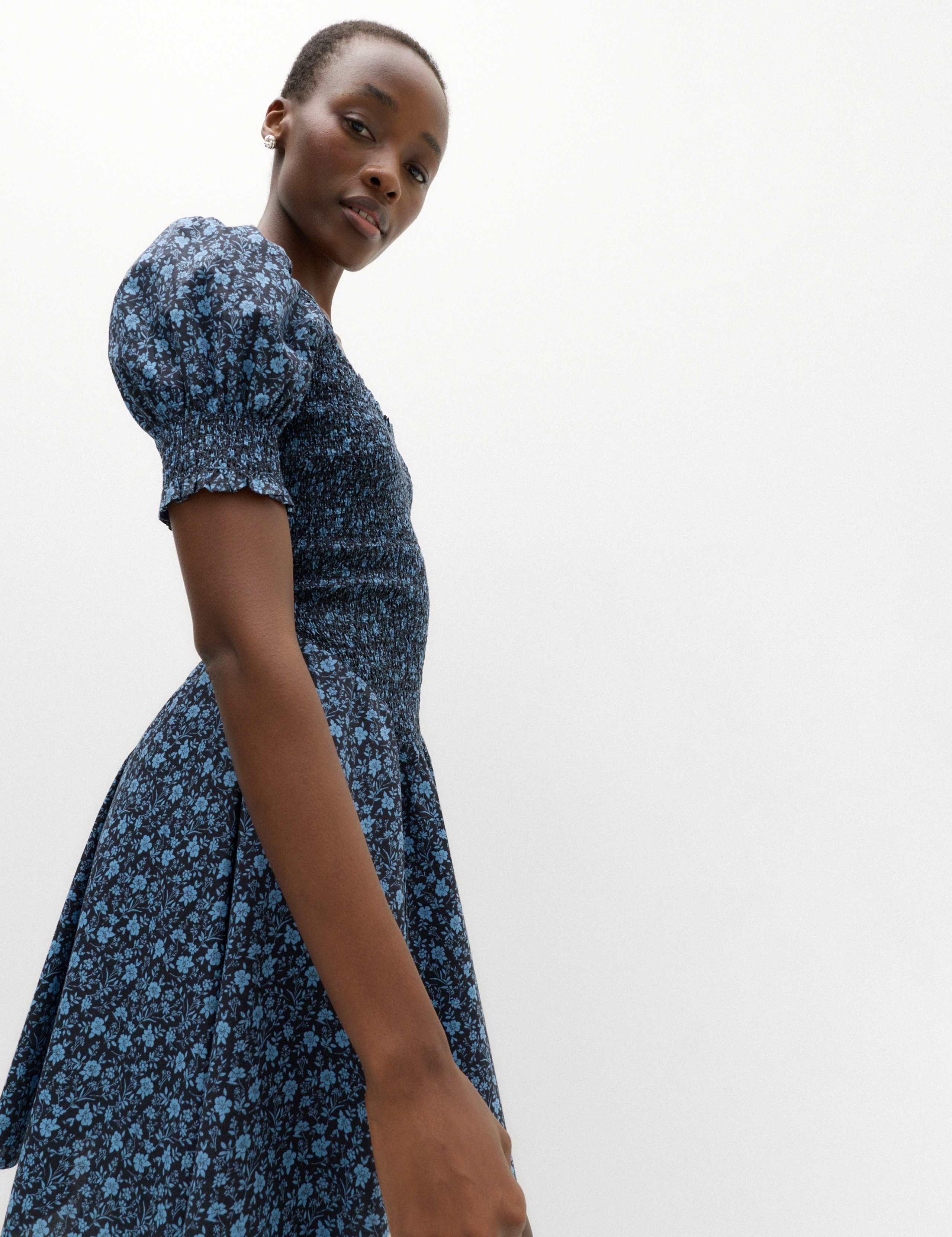Pure Cotton Floral Mini Shirred Dress 6 of 7