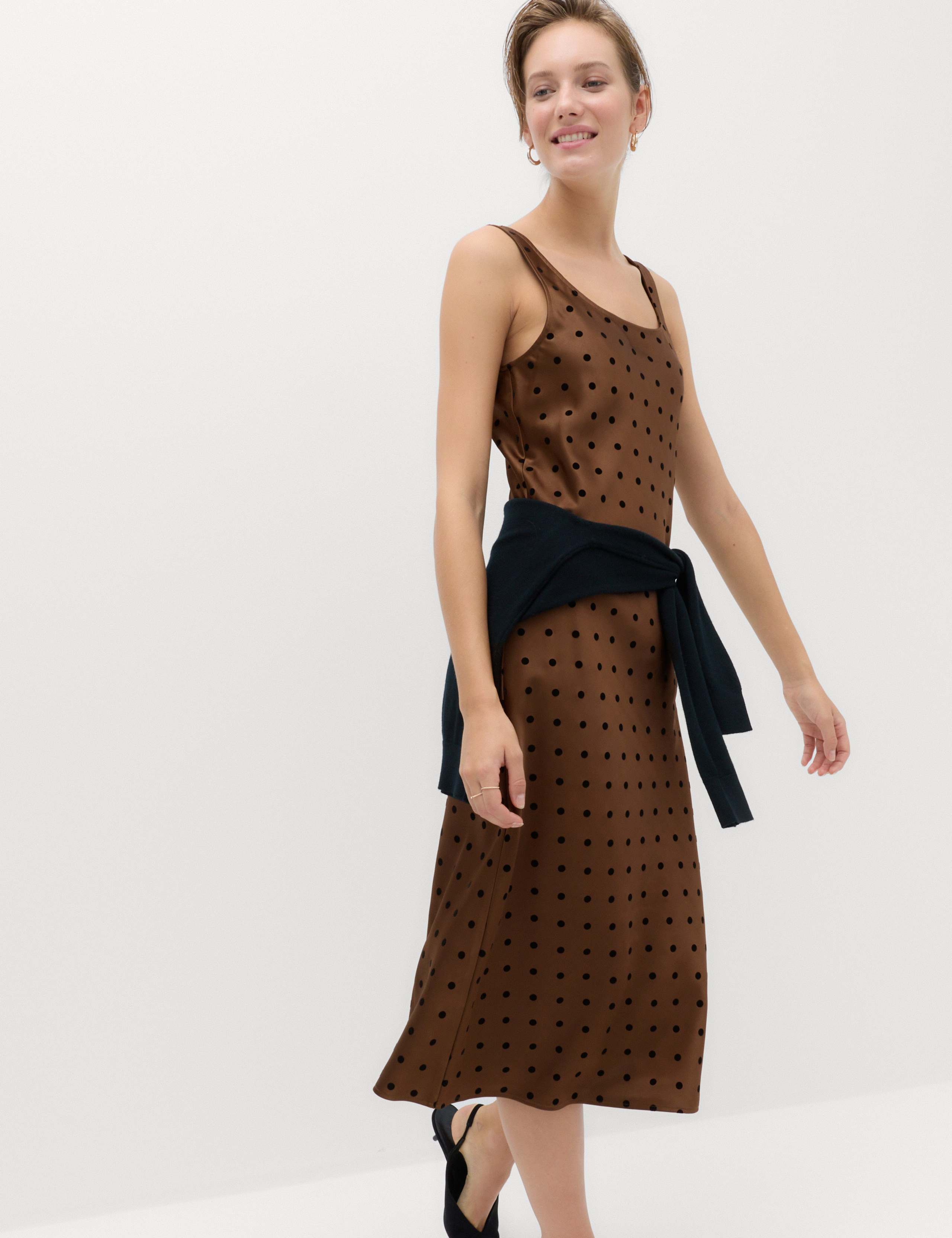 Satin Polka Dot Flocked Midi Slip Dress 1 of 6