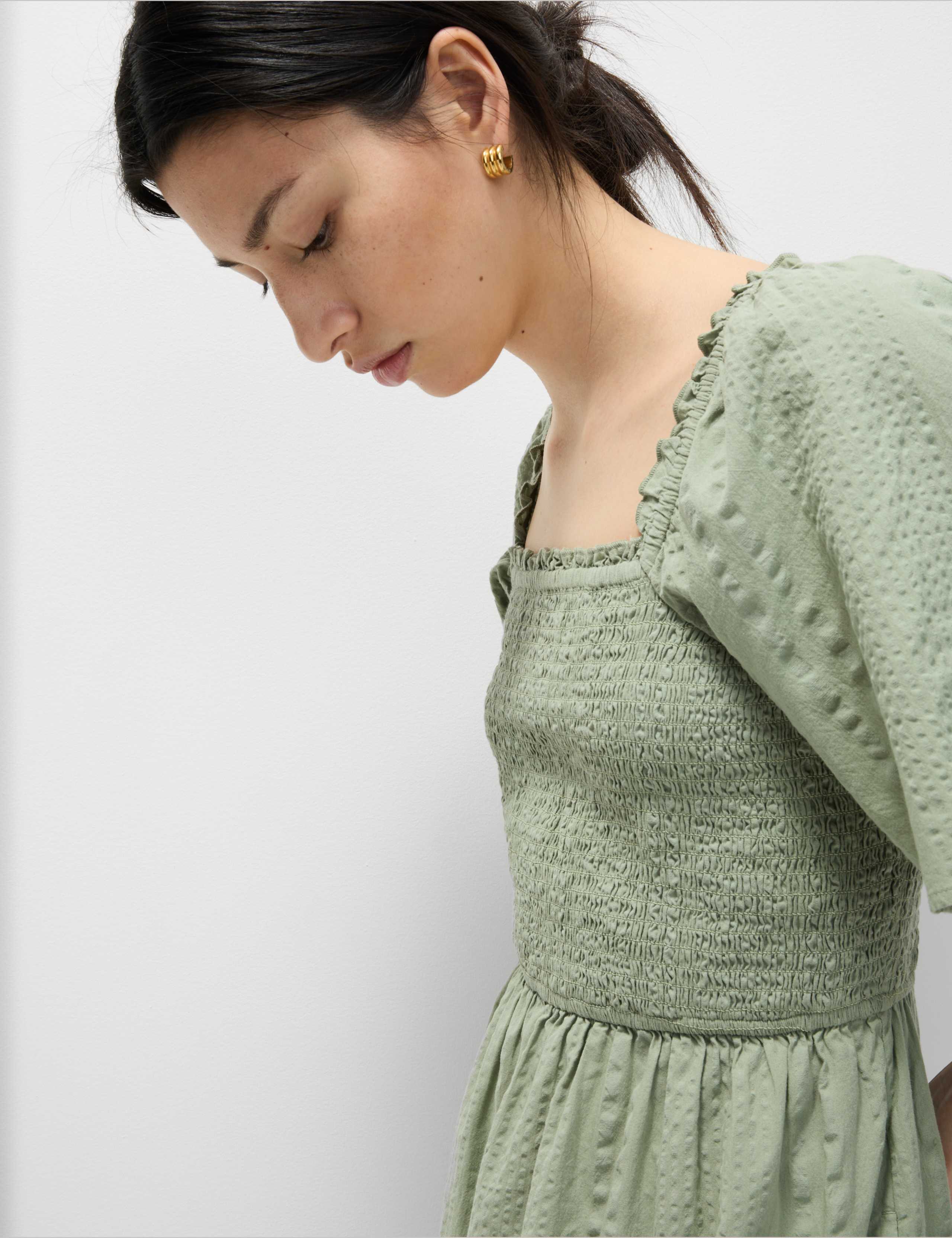 Pure Cotton Shirred Midaxi Waisted Dress 3 of 6