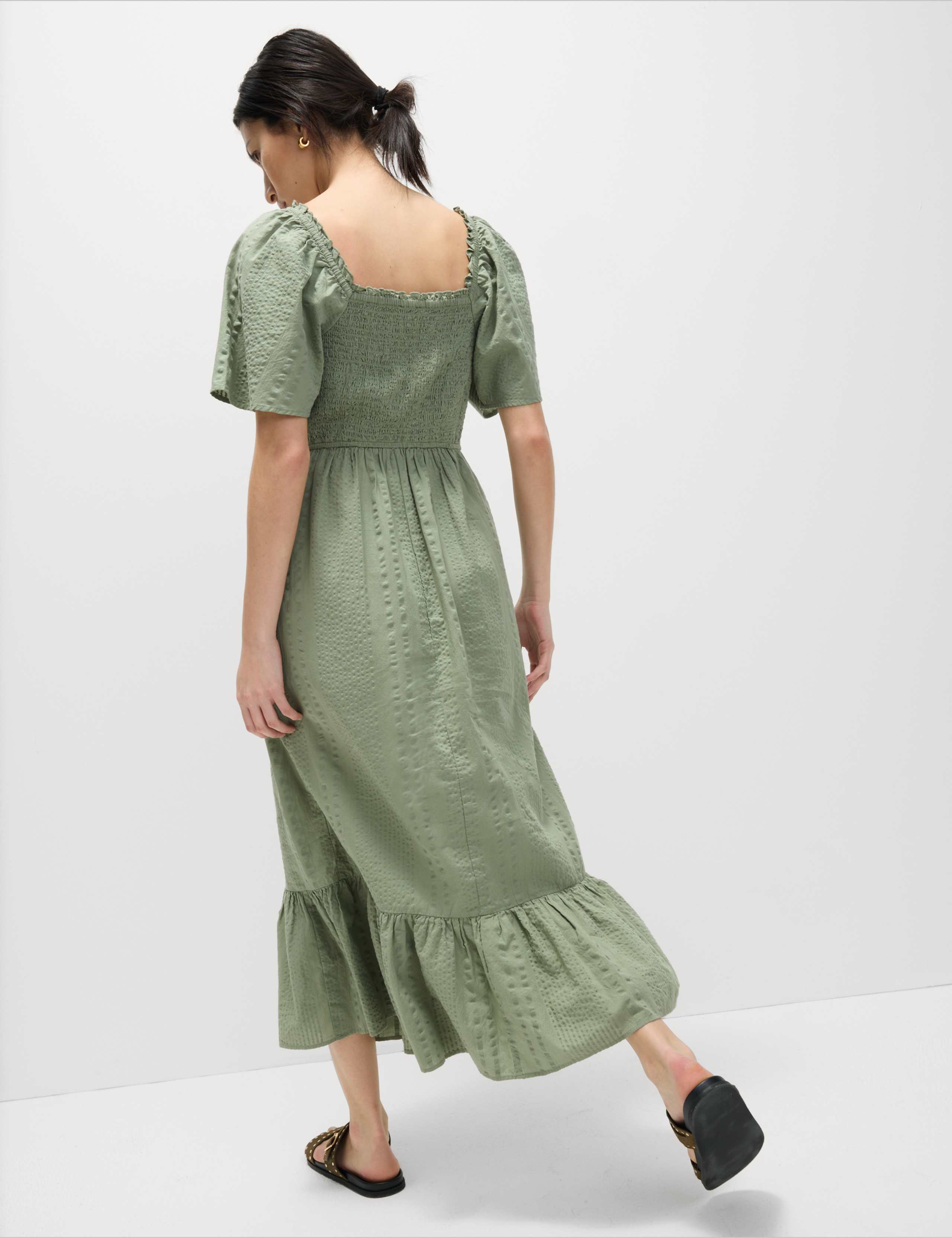 Pure Cotton Shirred Midaxi Waisted Dress 4 of 6