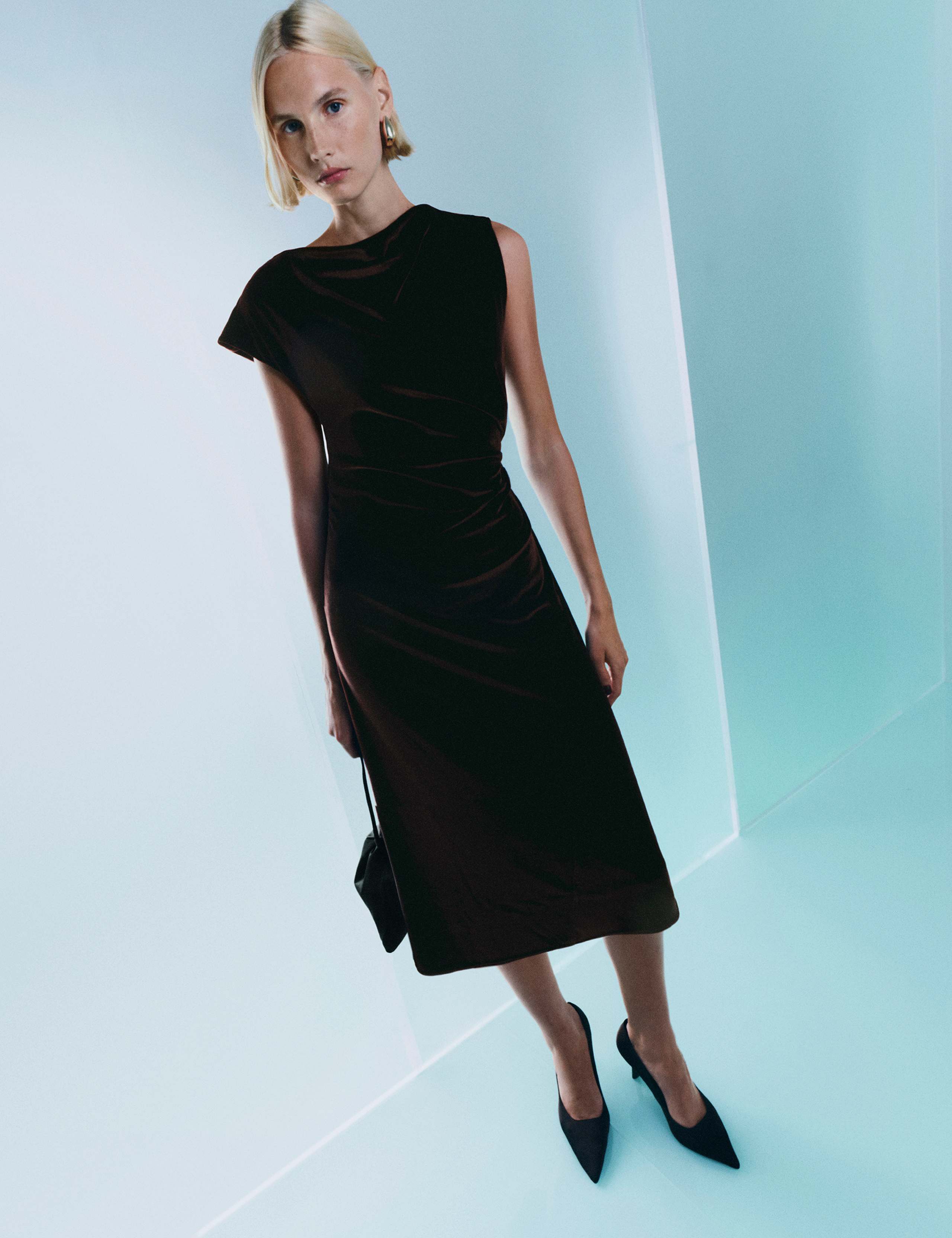 Velvet One Shoulder Midi Column Dress 1 of 6