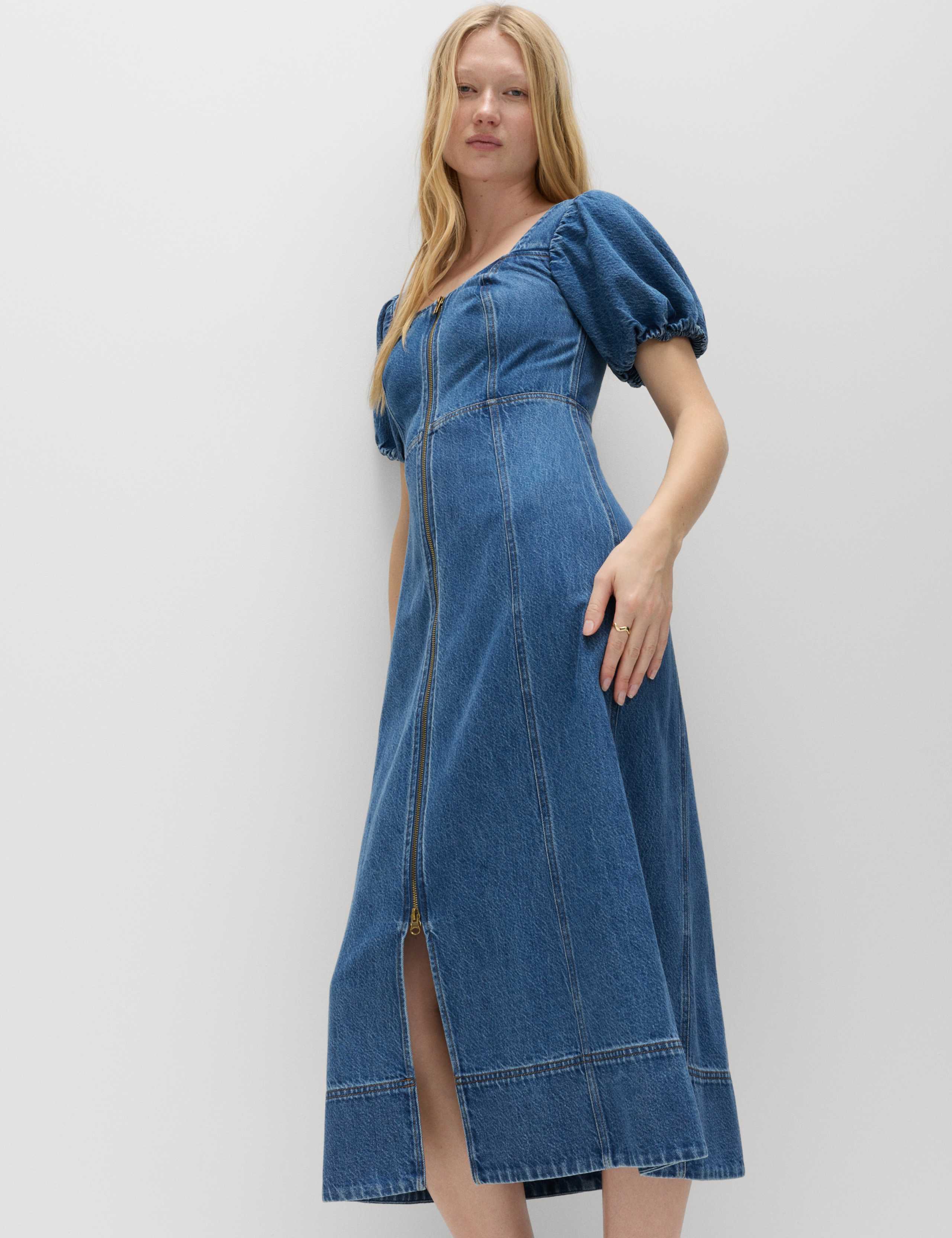 Denim Puff Sleeve Midi Waisted Dress 1 of 6