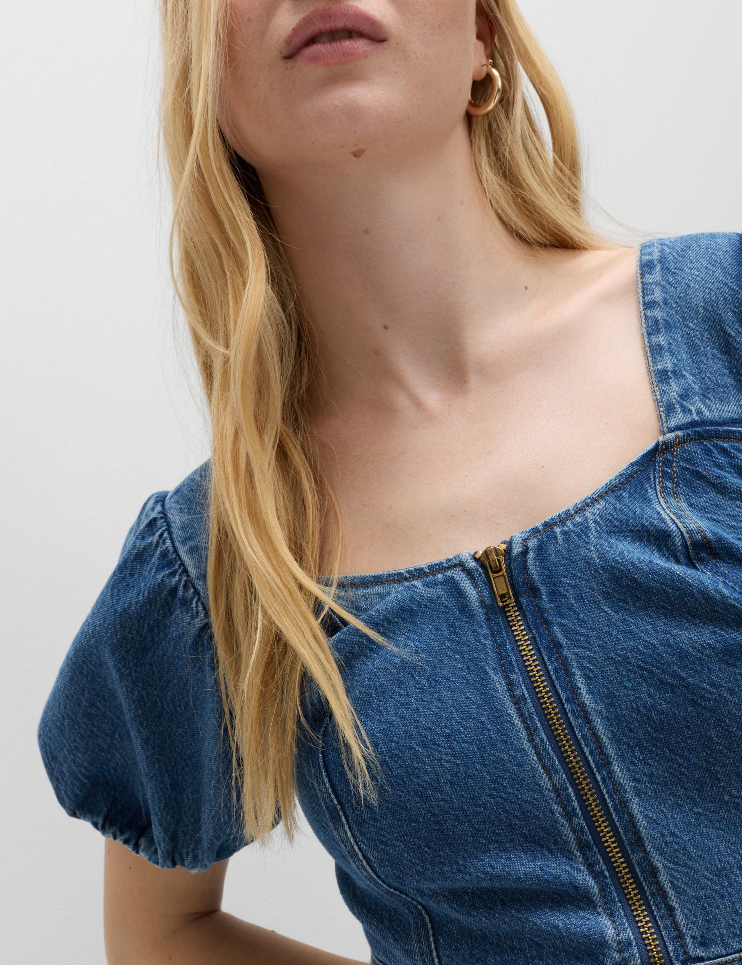 Denim Puff Sleeve Midi Waisted Dress 3 of 6