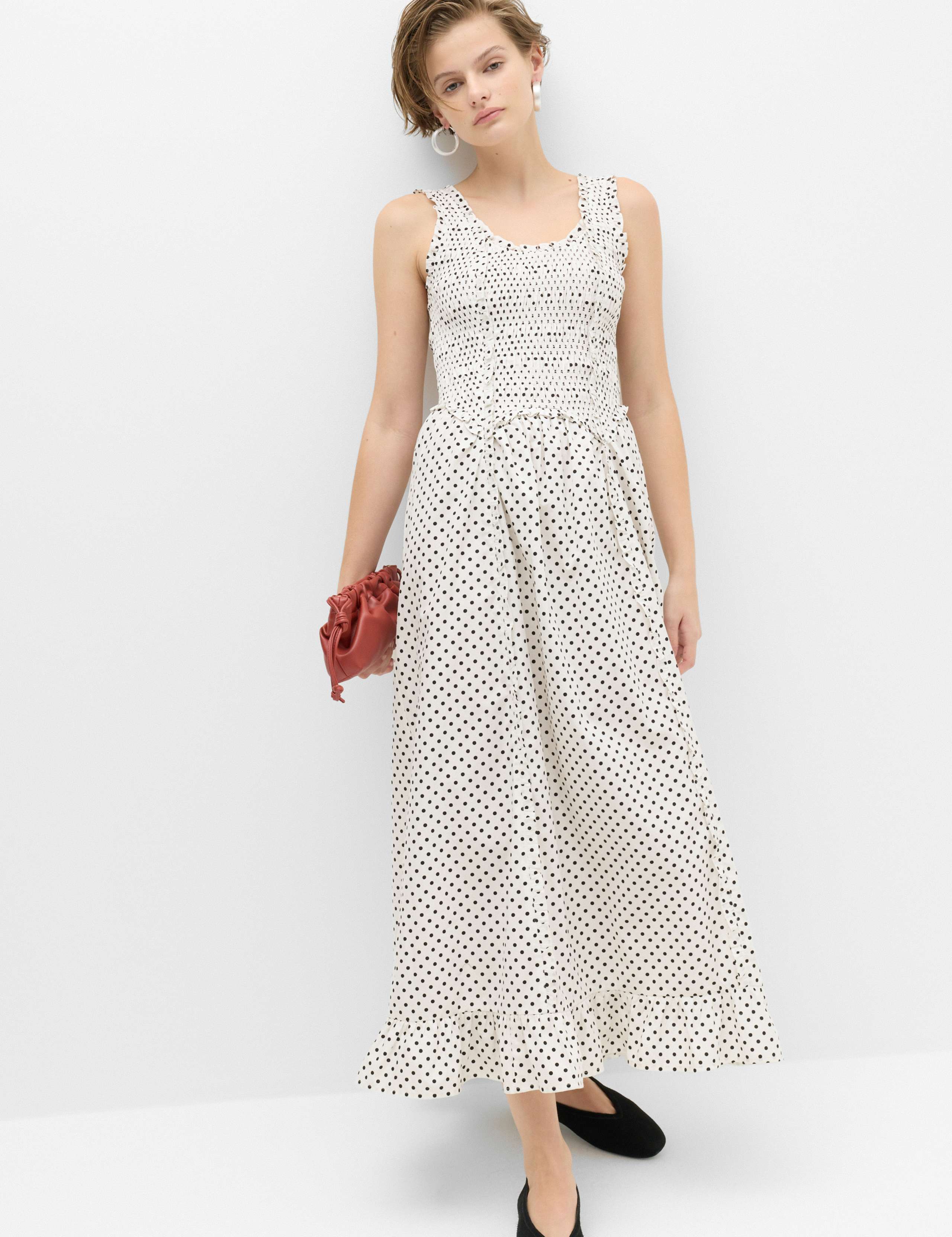 Pure Cotton Polka Dot Ruffle Midi Skater Dress 1 of 6