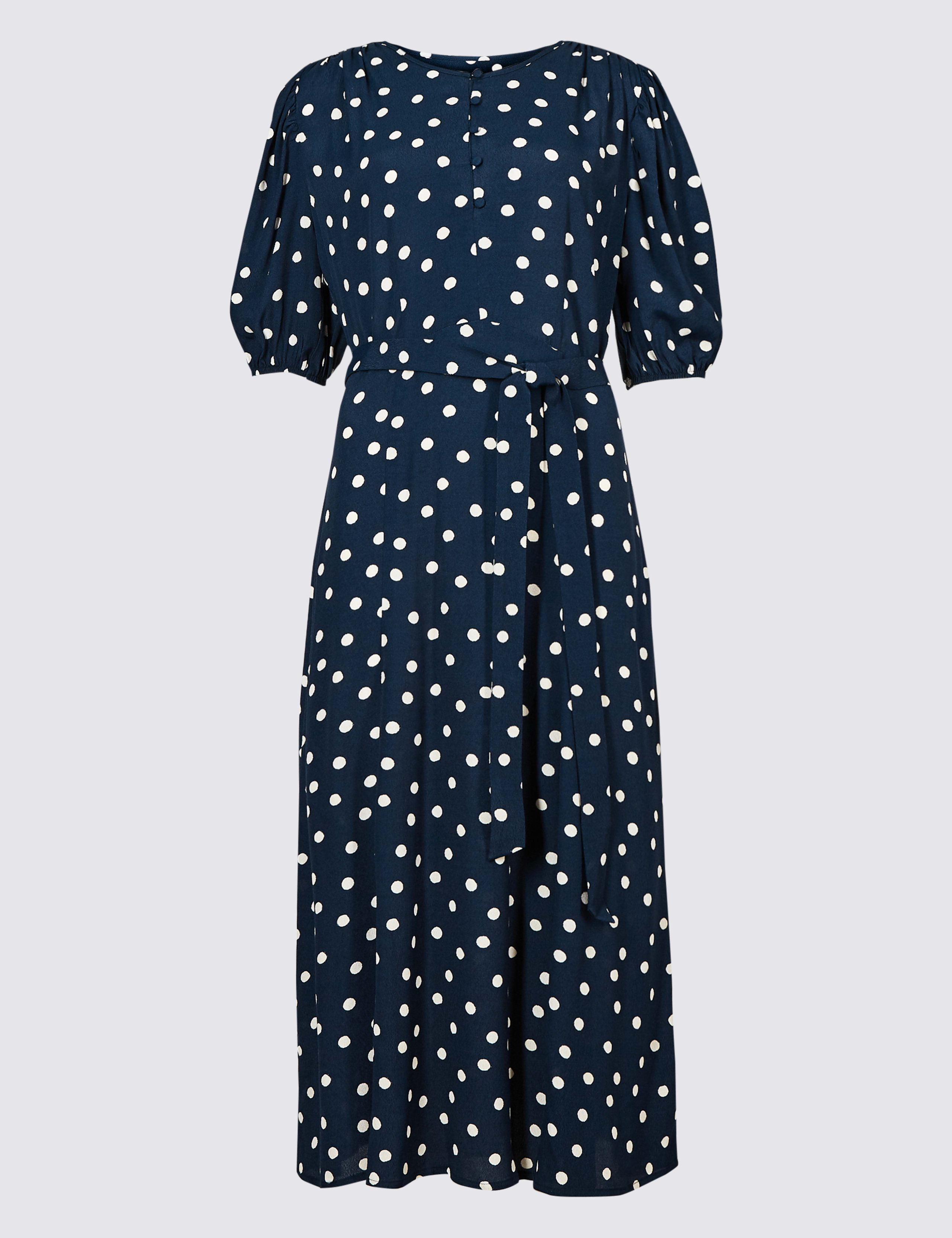 Polka Dot Tie Waist Midi Dress 2 of 5