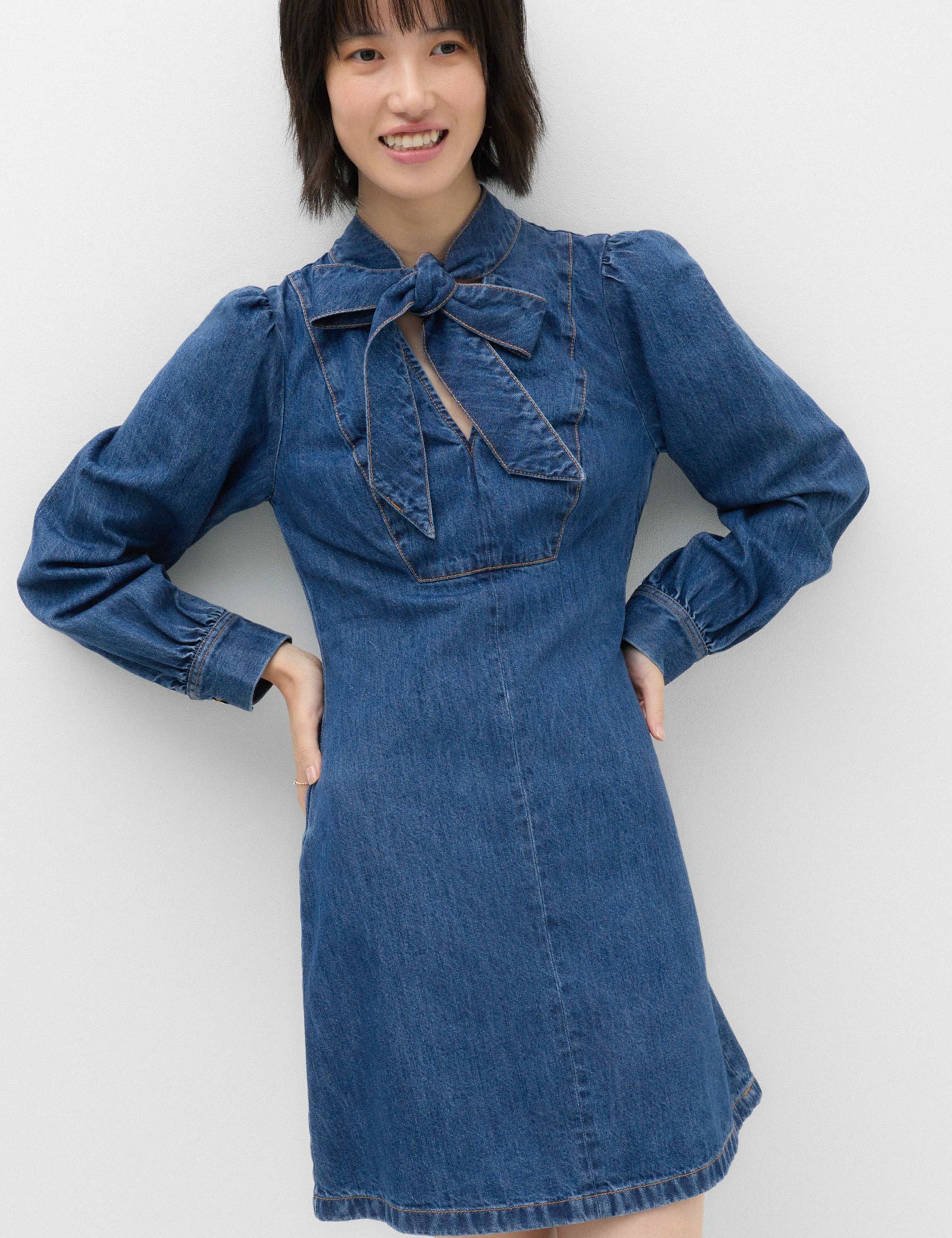 Denim Tie Neck Mini Swing Dress 1 of 7