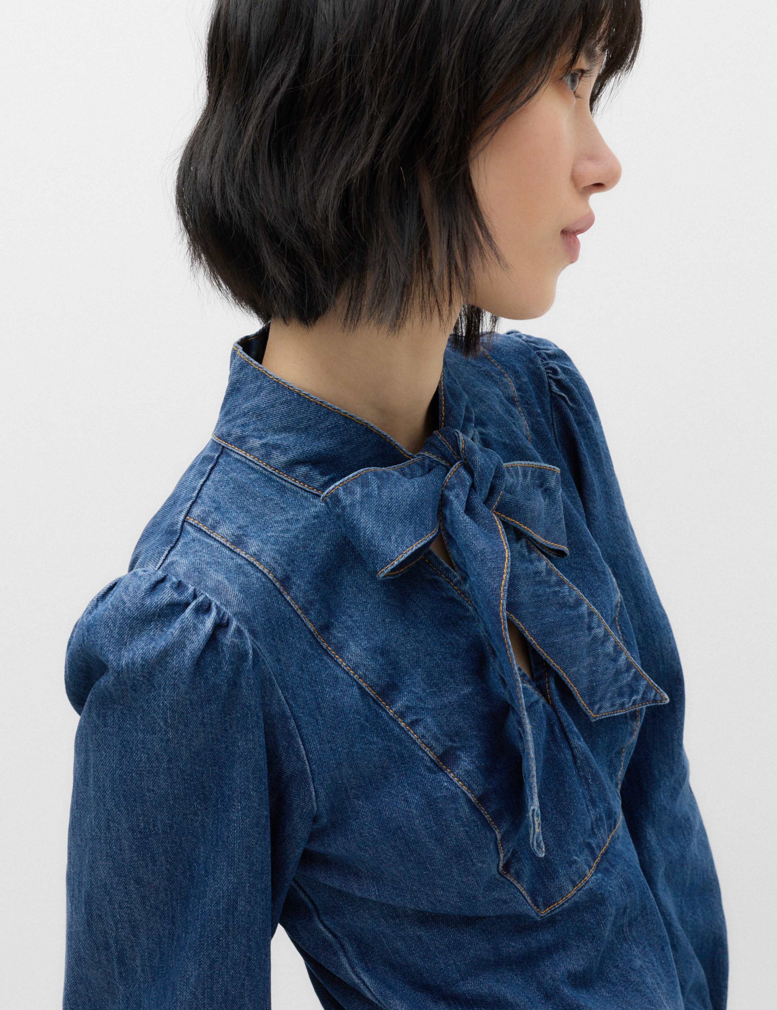 Denim Tie Neck Mini Swing Dress 3 of 7
