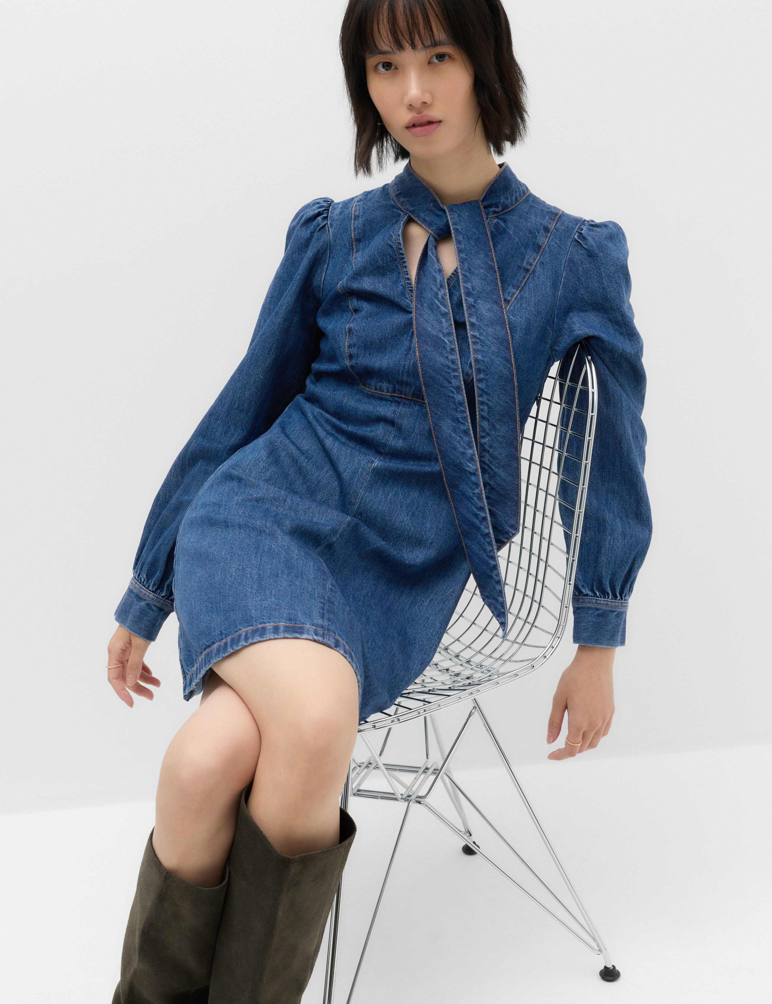 Denim Tie Neck Mini Swing Dress 5 of 7