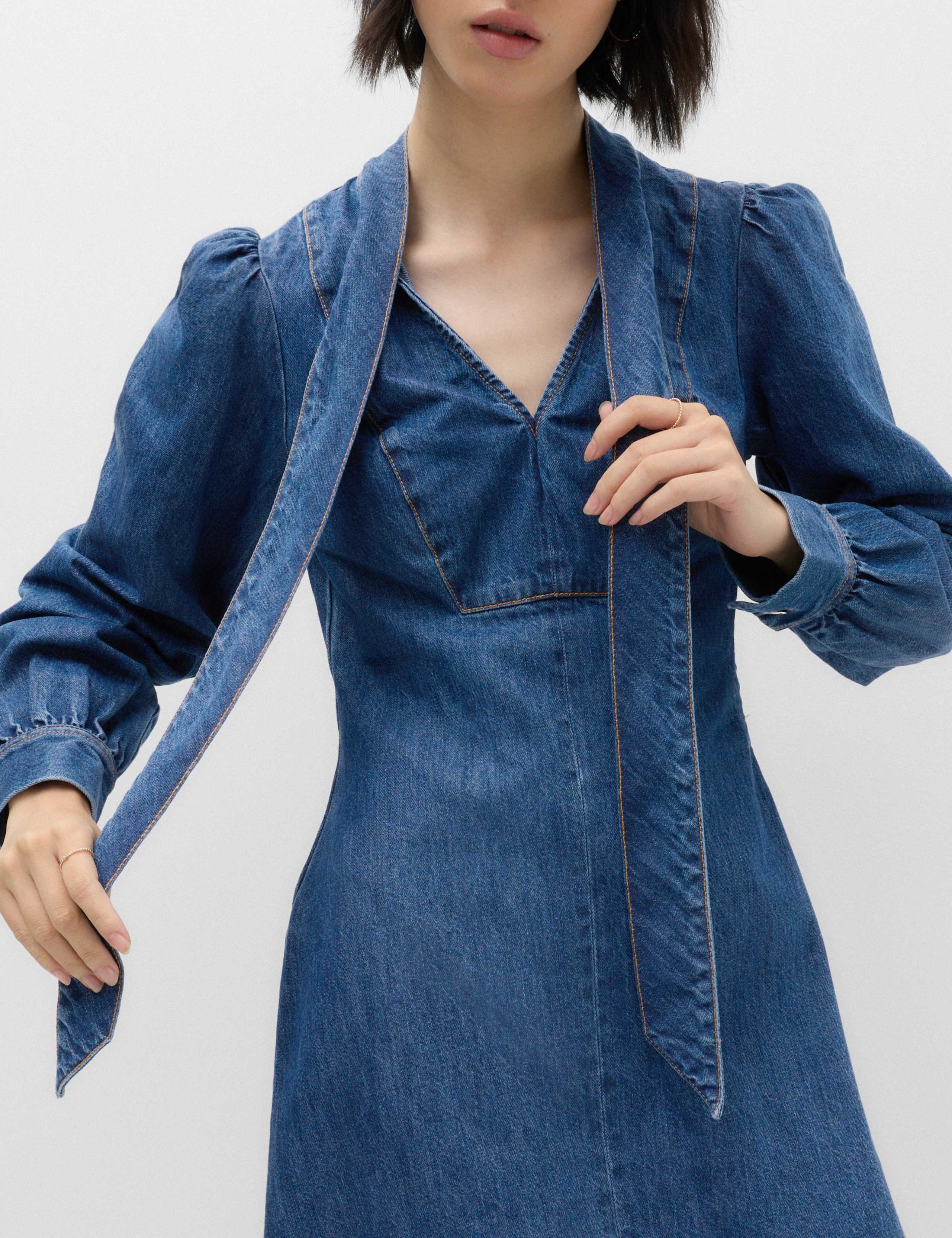 Denim Tie Neck Mini Swing Dress 6 of 7