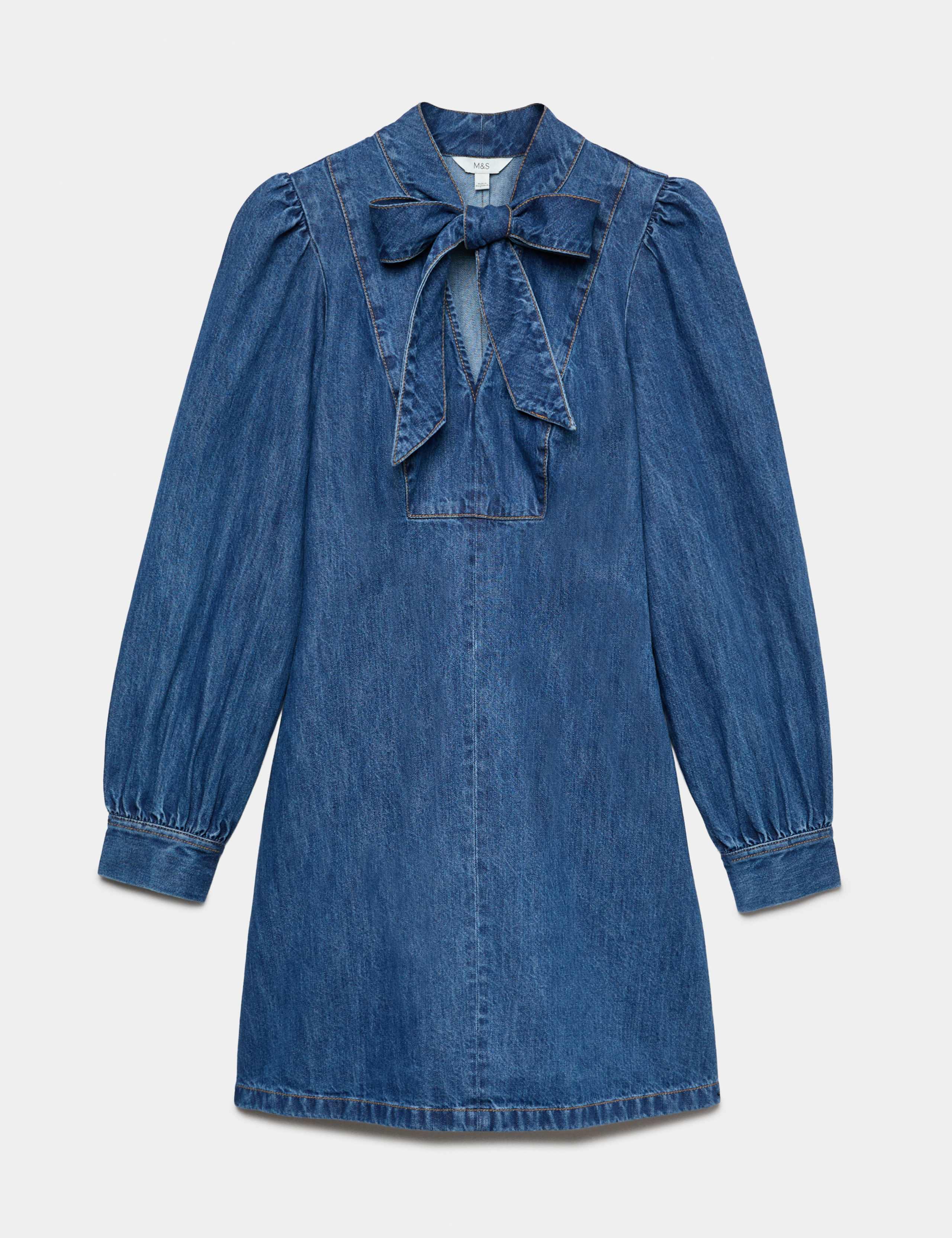 Denim Tie Neck Mini Swing Dress 2 of 7