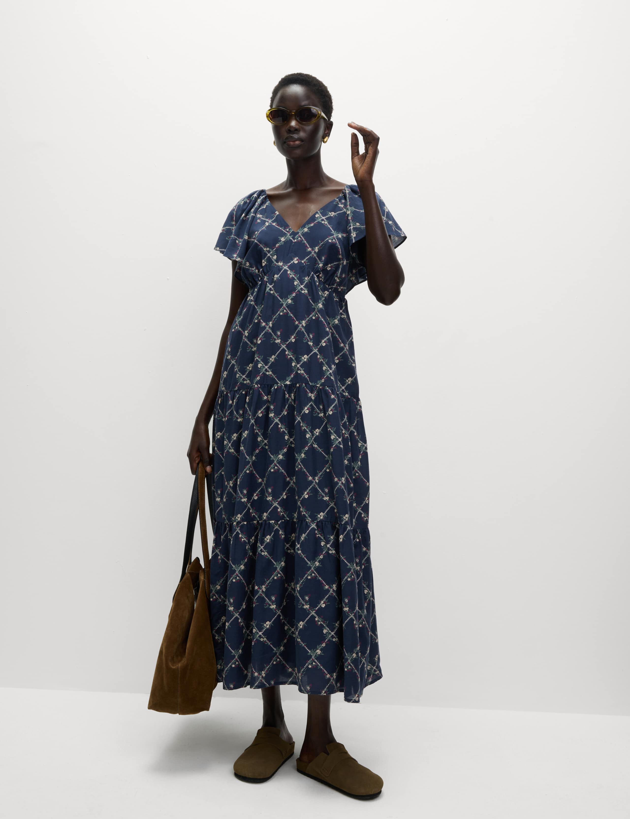 Cotton Rich Floral V-Neck Midi Tiered Dress 3 of 6