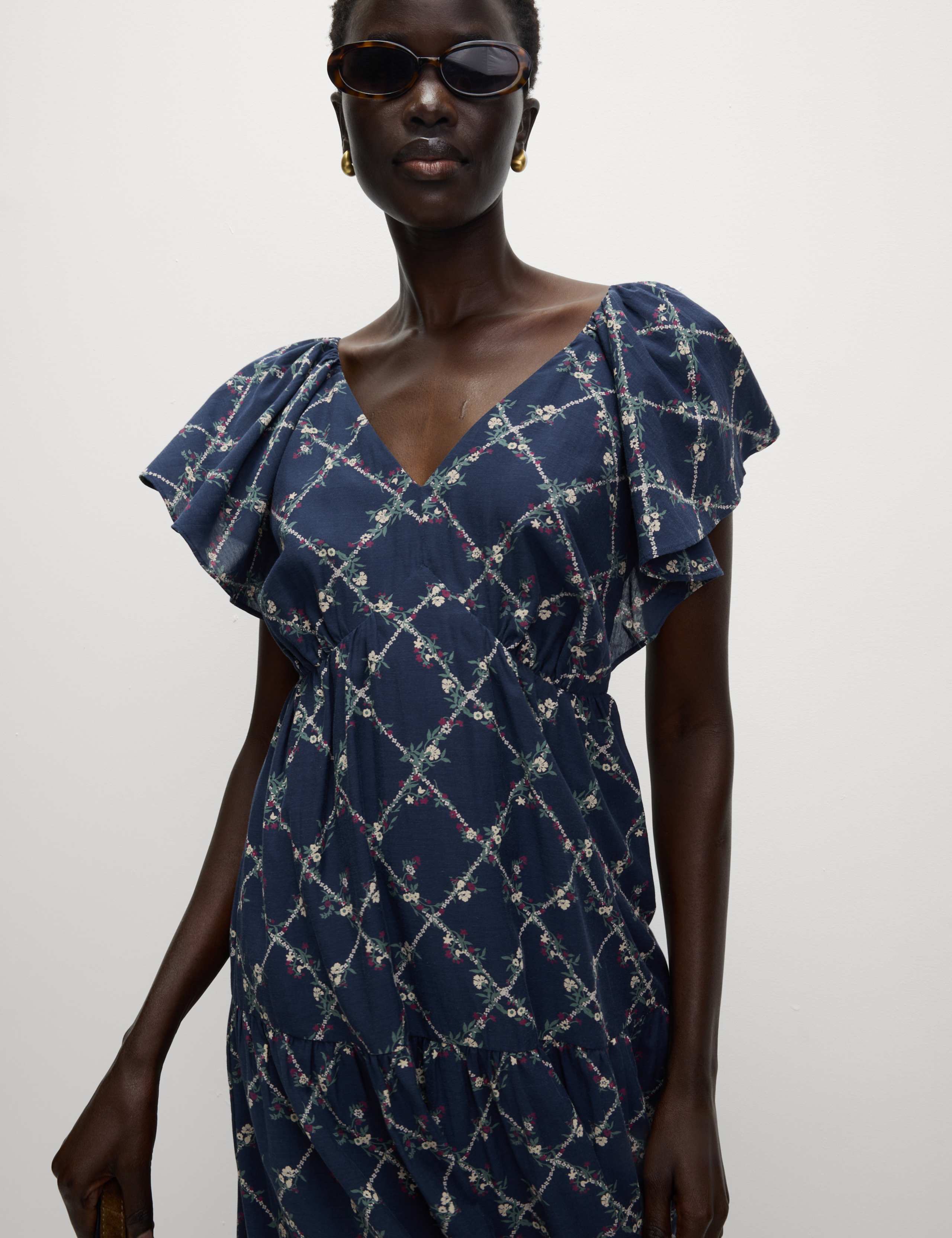 Cotton Rich Floral V-Neck Midi Tiered Dress 5 of 6