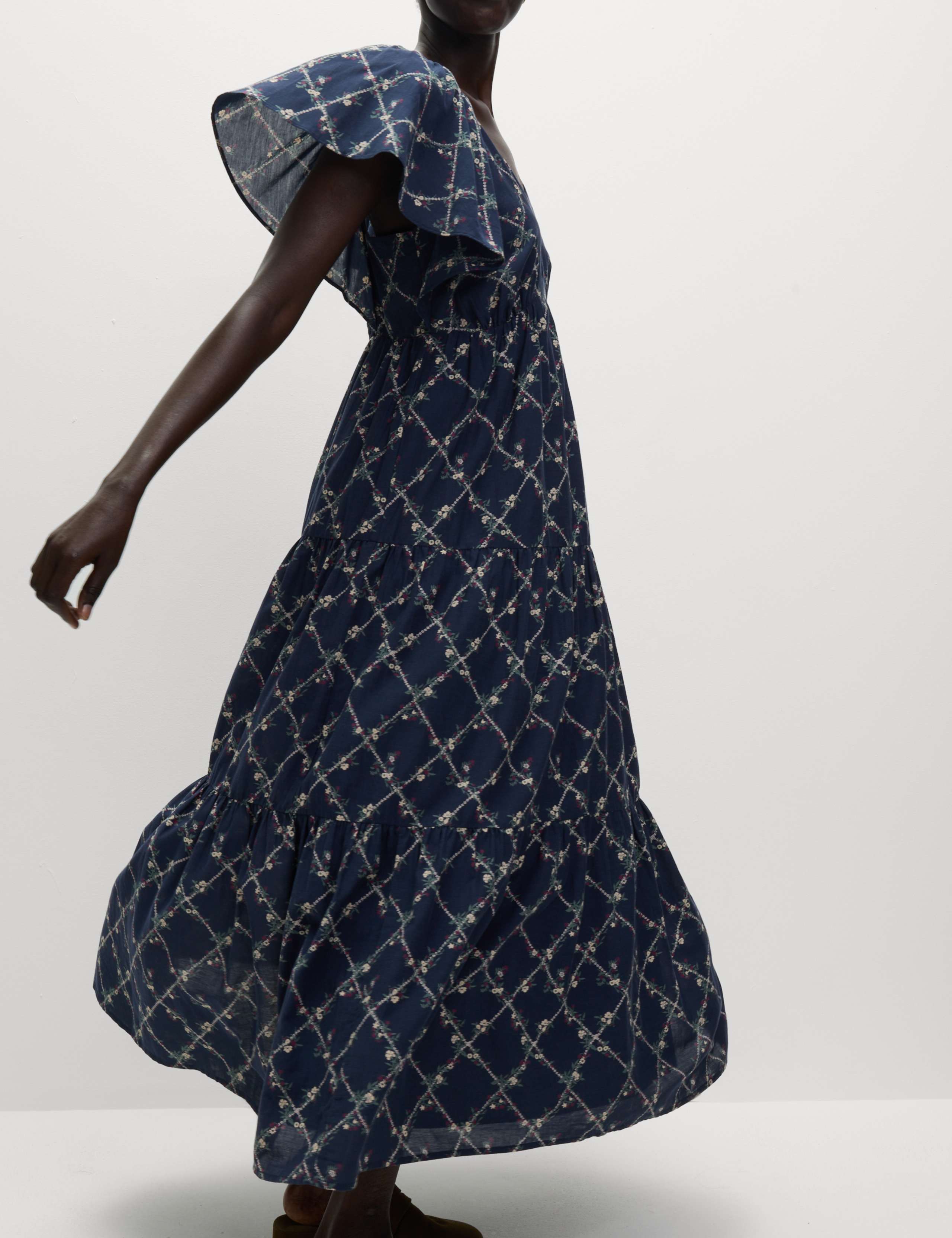 Cotton Rich Floral V-Neck Midi Tiered Dress 6 of 6