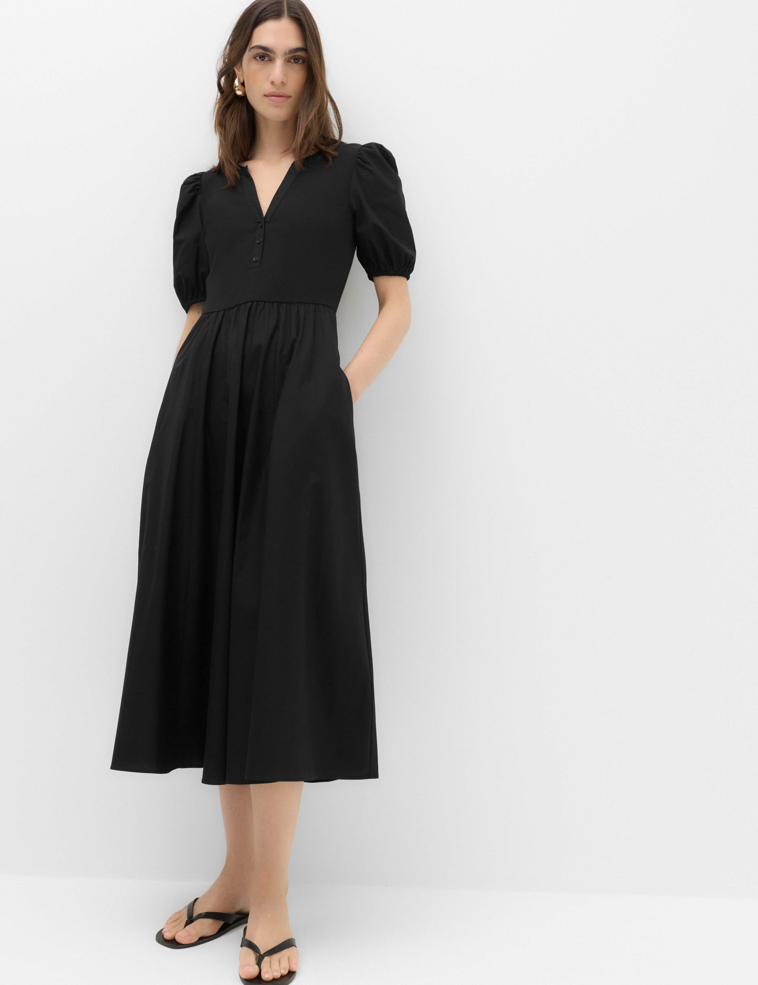 Pure Cotton V-Neck Midi Waisted Dress 1 of 6
