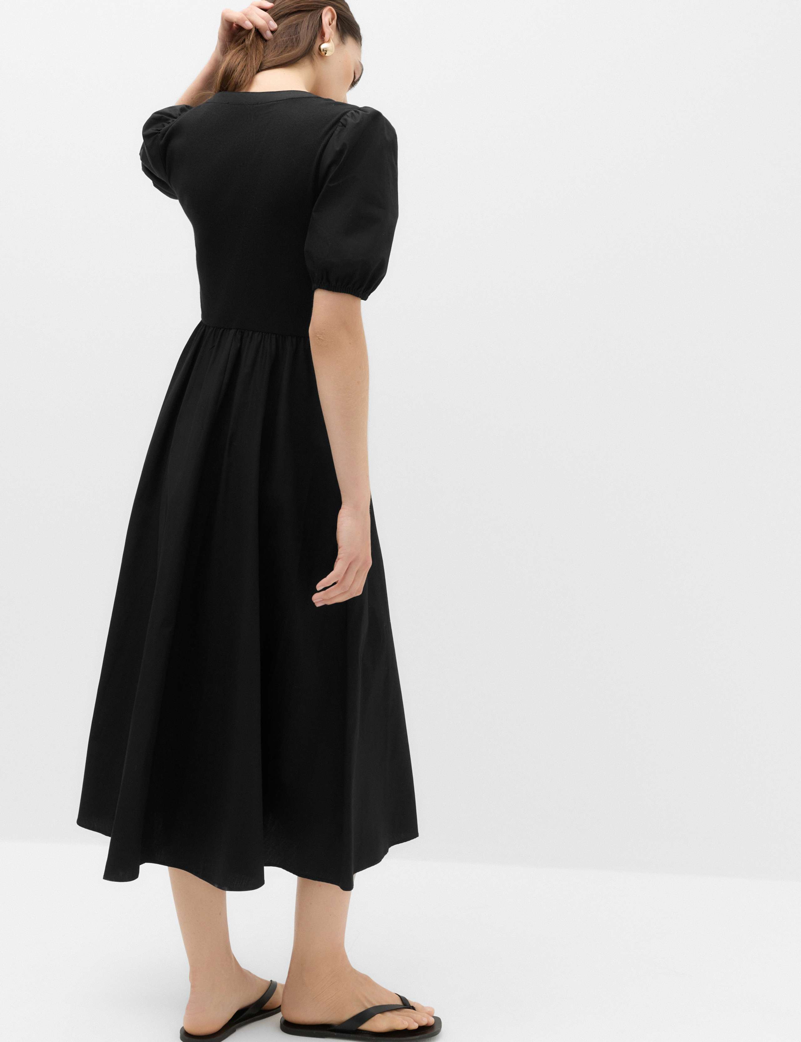 Pure Cotton V-Neck Midi Waisted Dress 3 of 6
