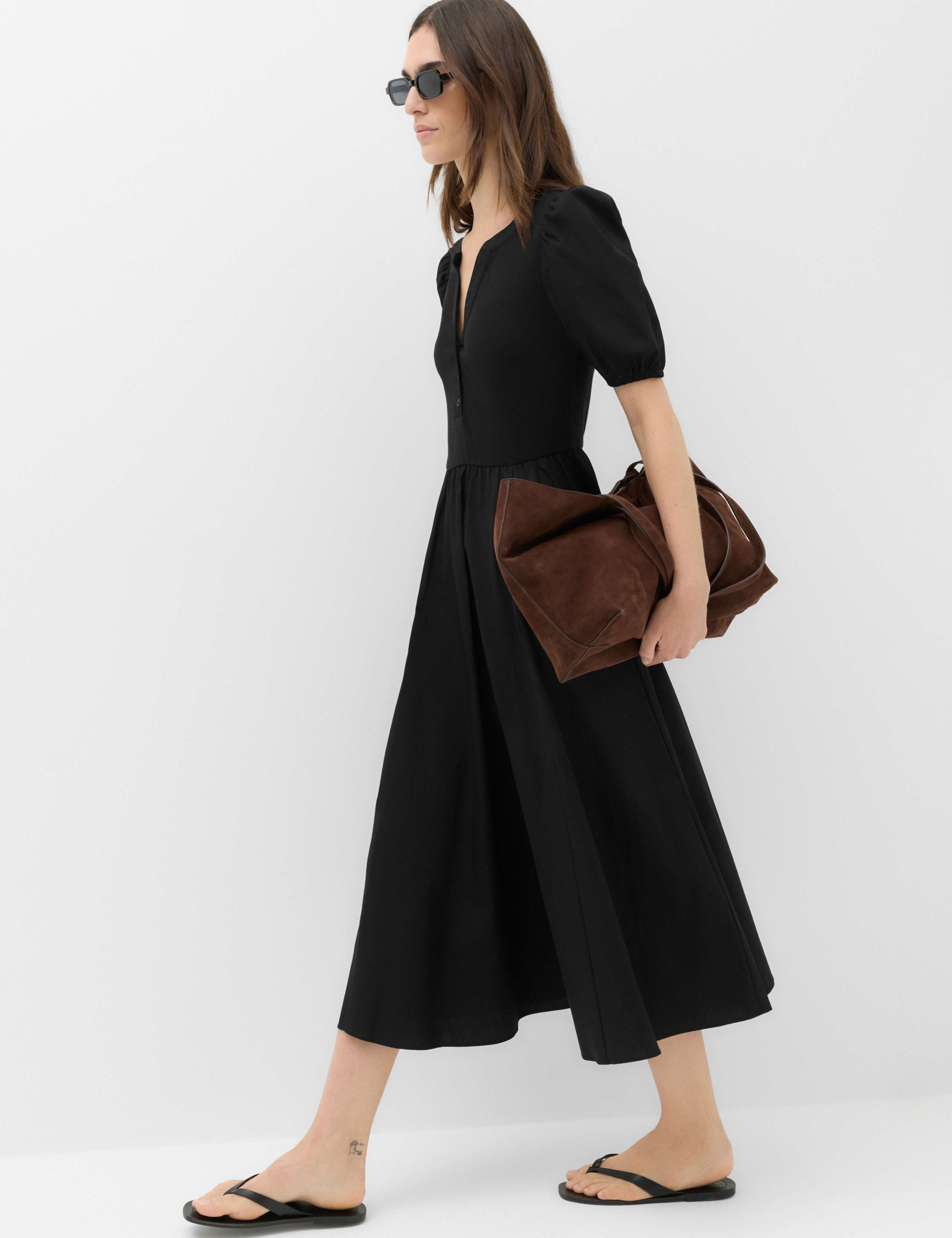 Pure Cotton V-Neck Midi Waisted Dress 4 of 6