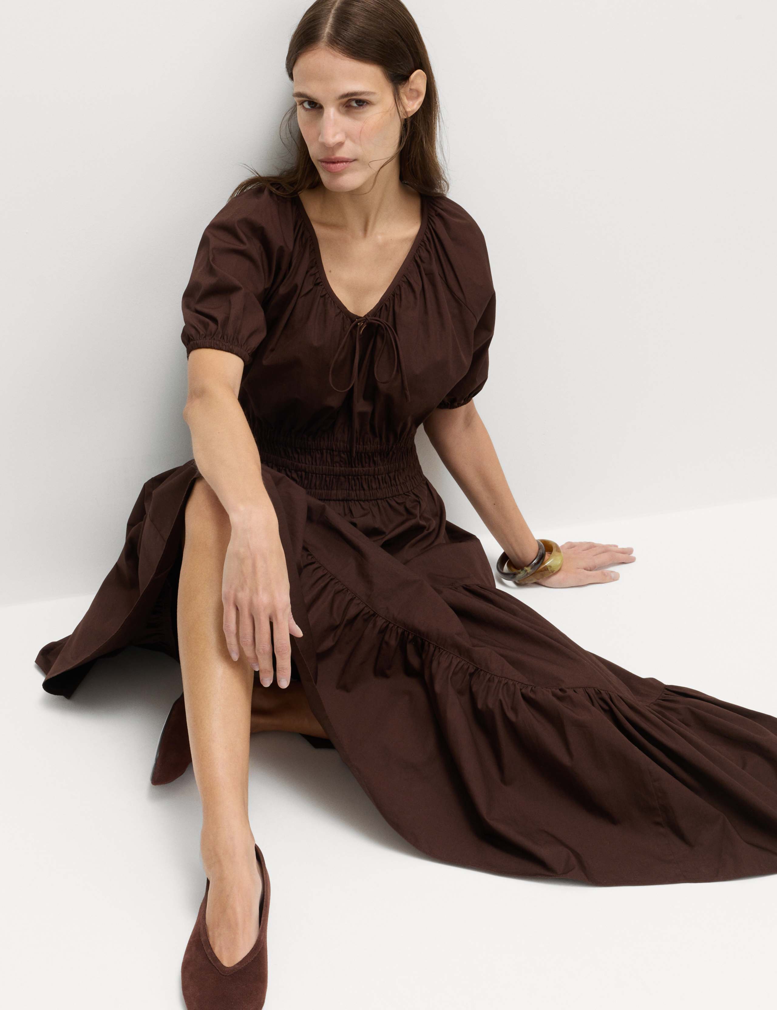 Pure Cotton Tie Detail Midaxi Waisted Dress 6 of 6