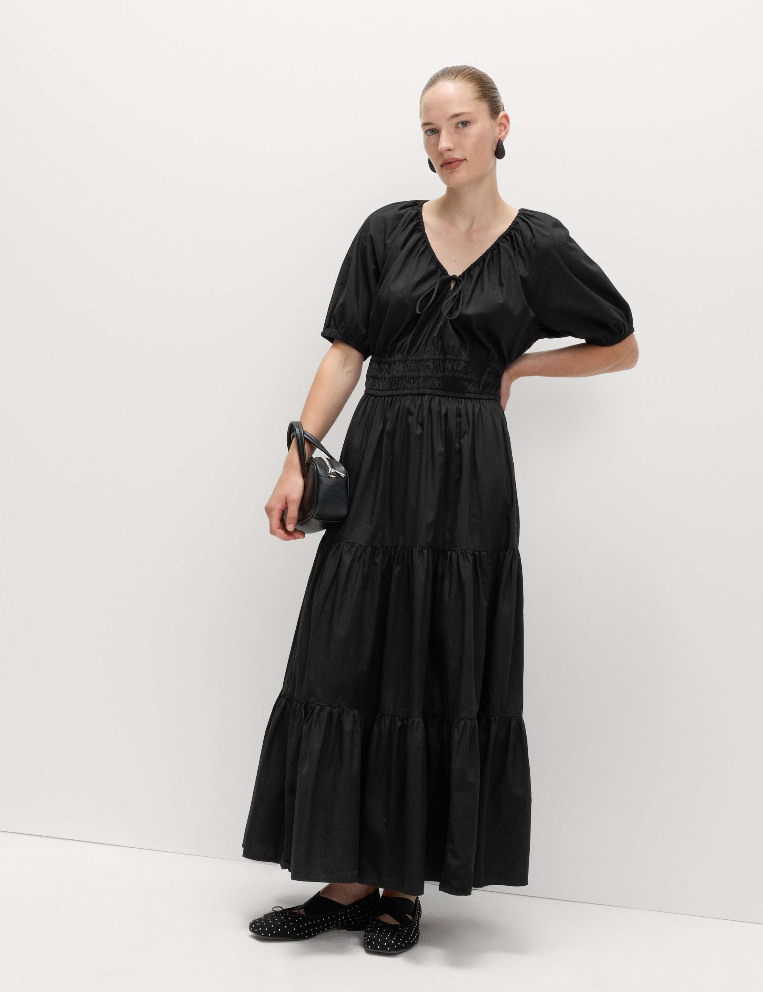 Pure Cotton Tie Neck Midaxi Waisted Dress 1 of 6