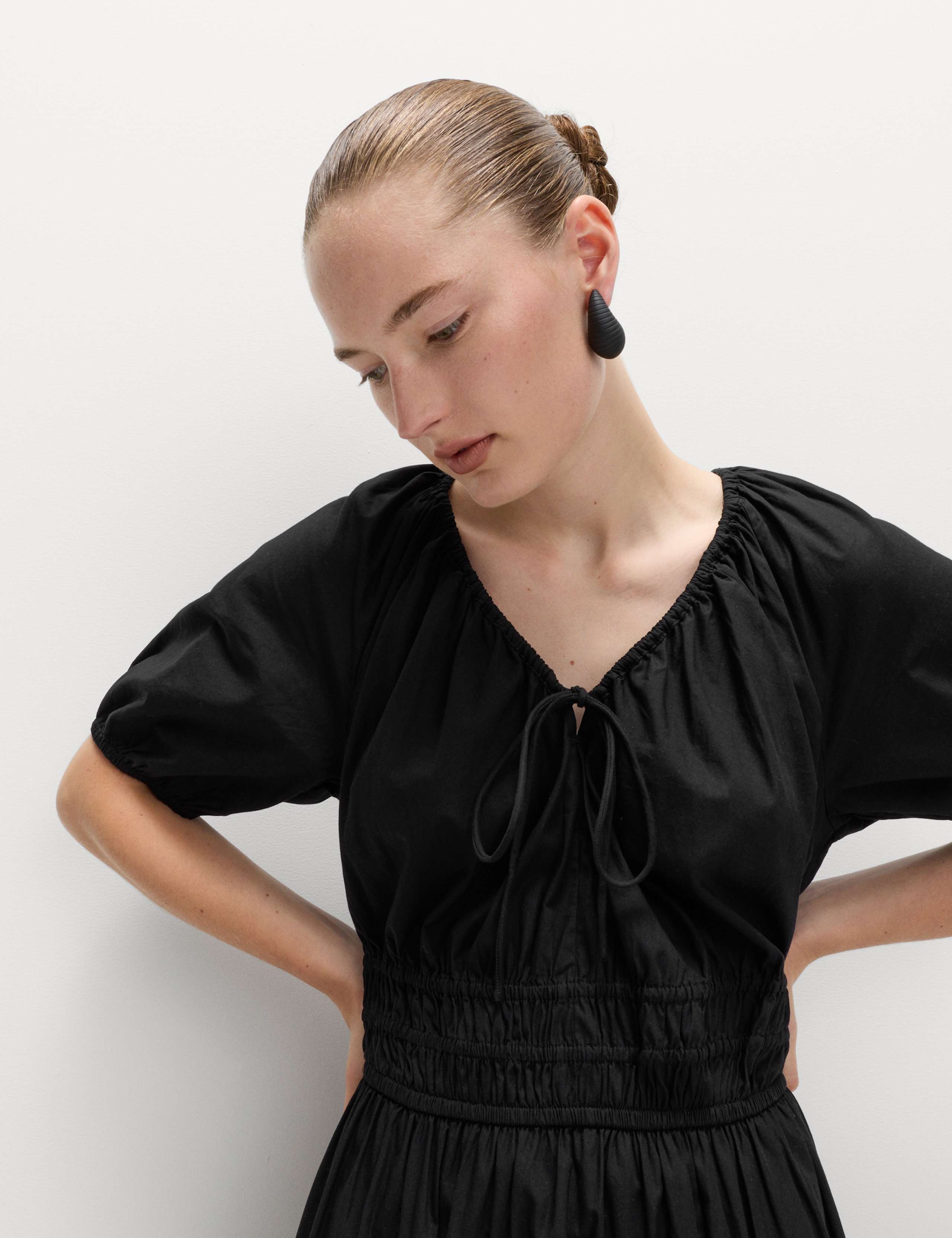 Pure Cotton Tie Neck Midaxi Waisted Dress 4 of 6