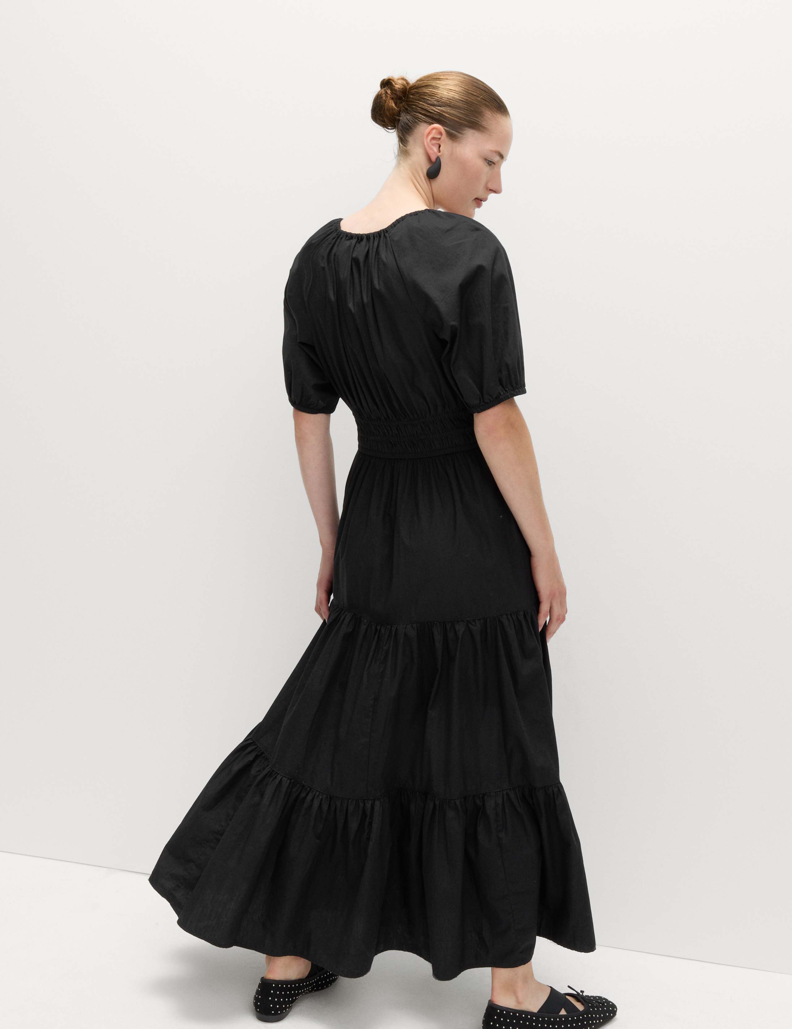 Pure Cotton Tie Neck Midaxi Waisted Dress 6 of 6