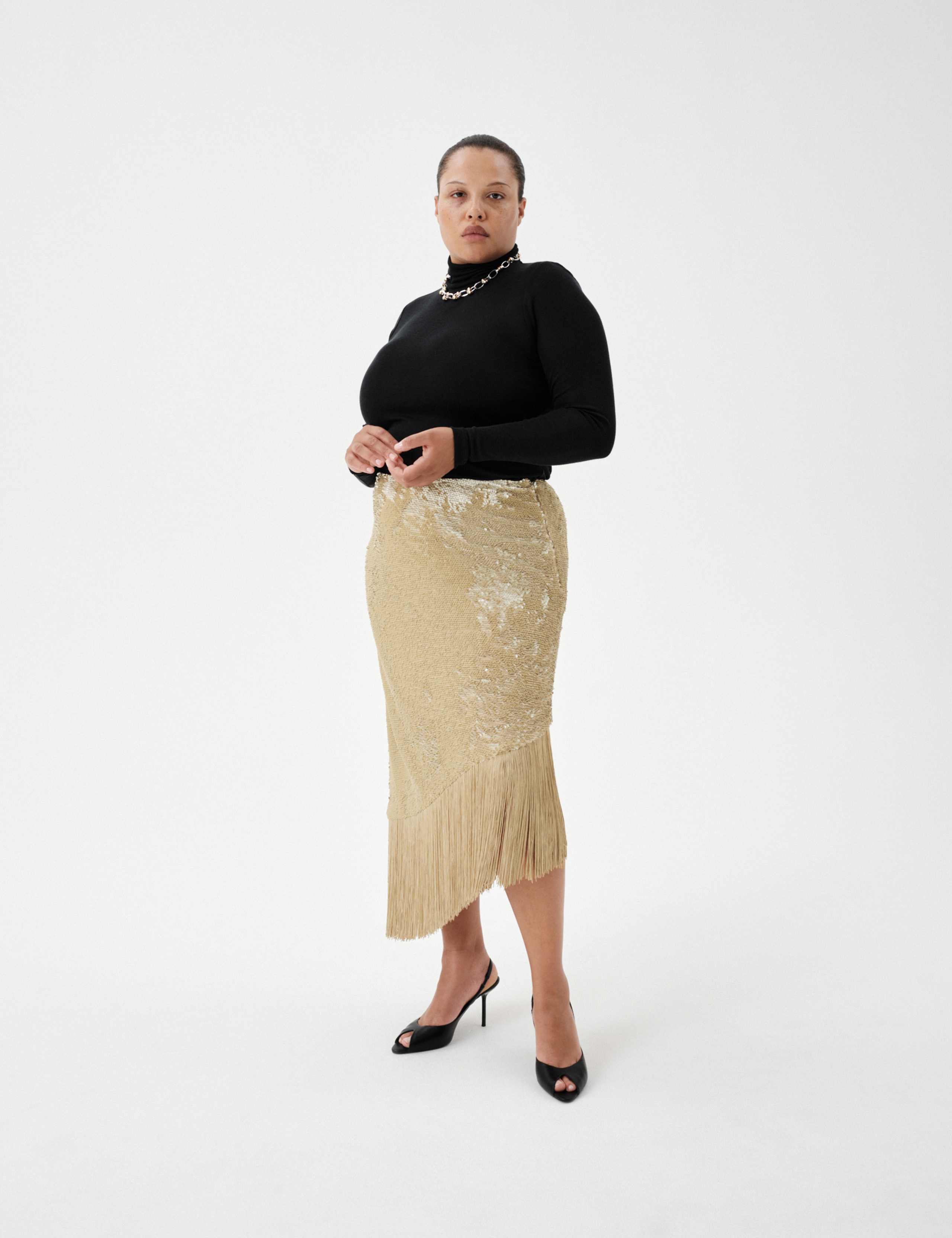 Embellished Hi-LowFringe Midi Asymmetric Skirt 3 of 5