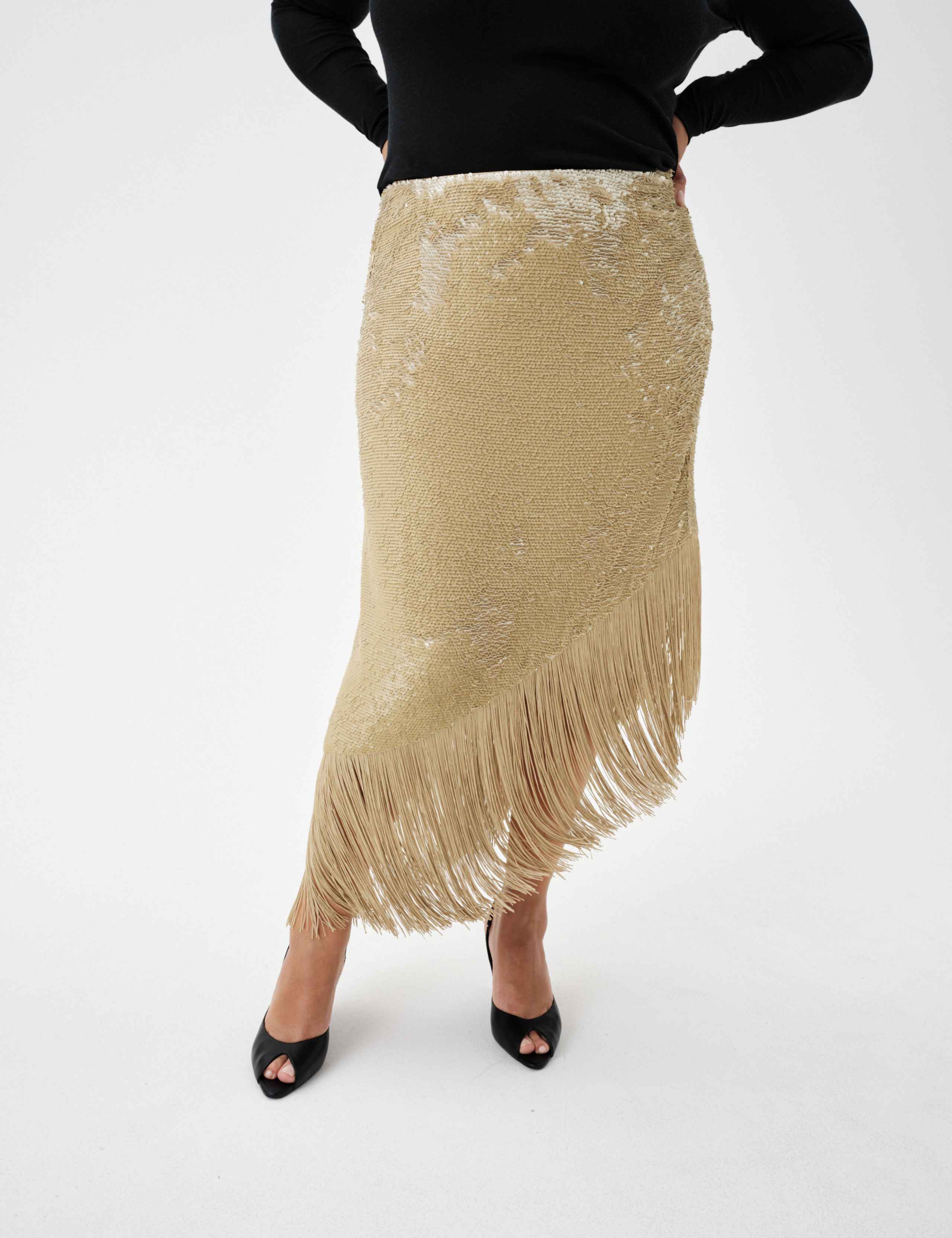 Embellished Hi-LowFringe Midi Asymmetric Skirt 4 of 5