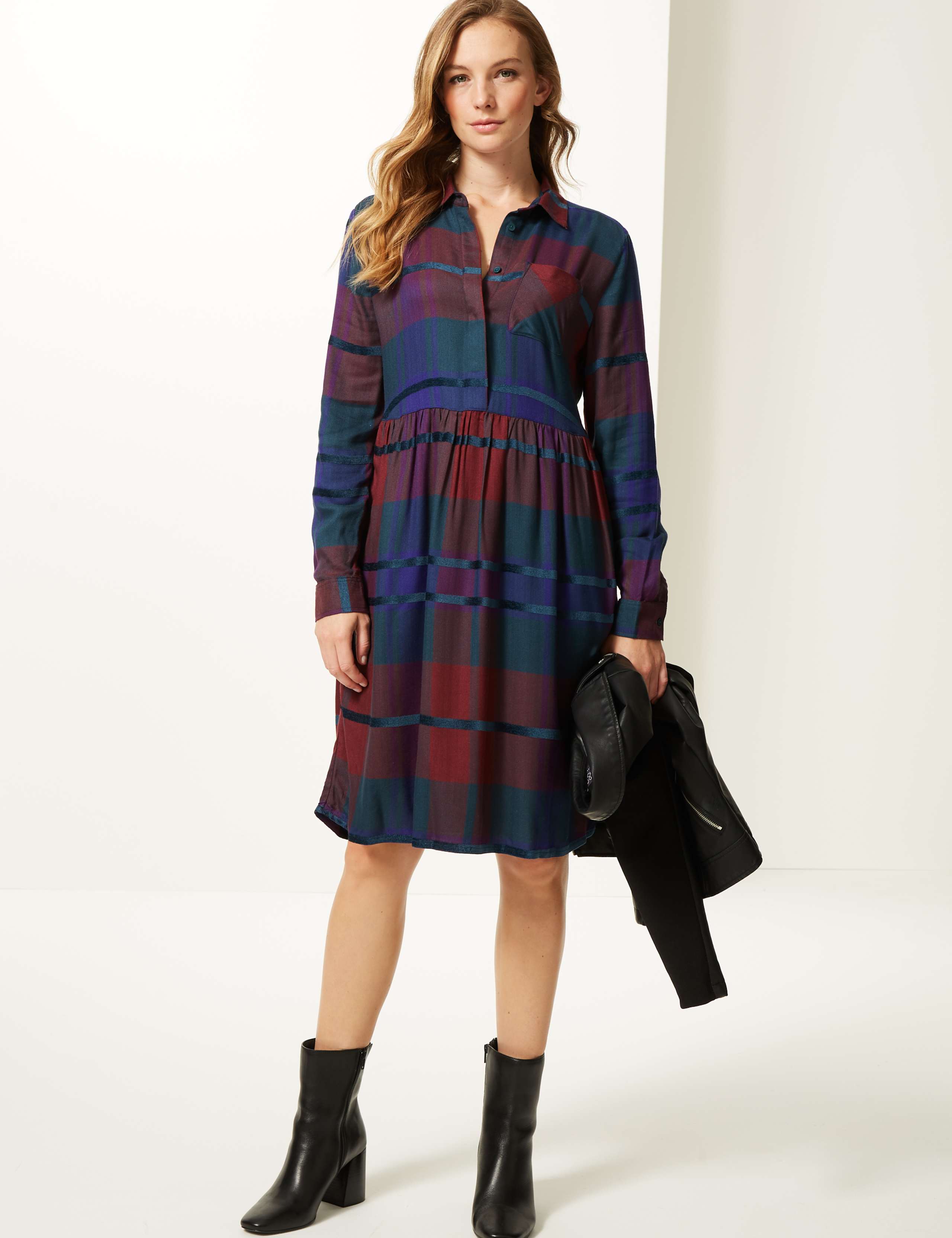 Checked Long Sleeve Drop Waist Dress 1 of 4