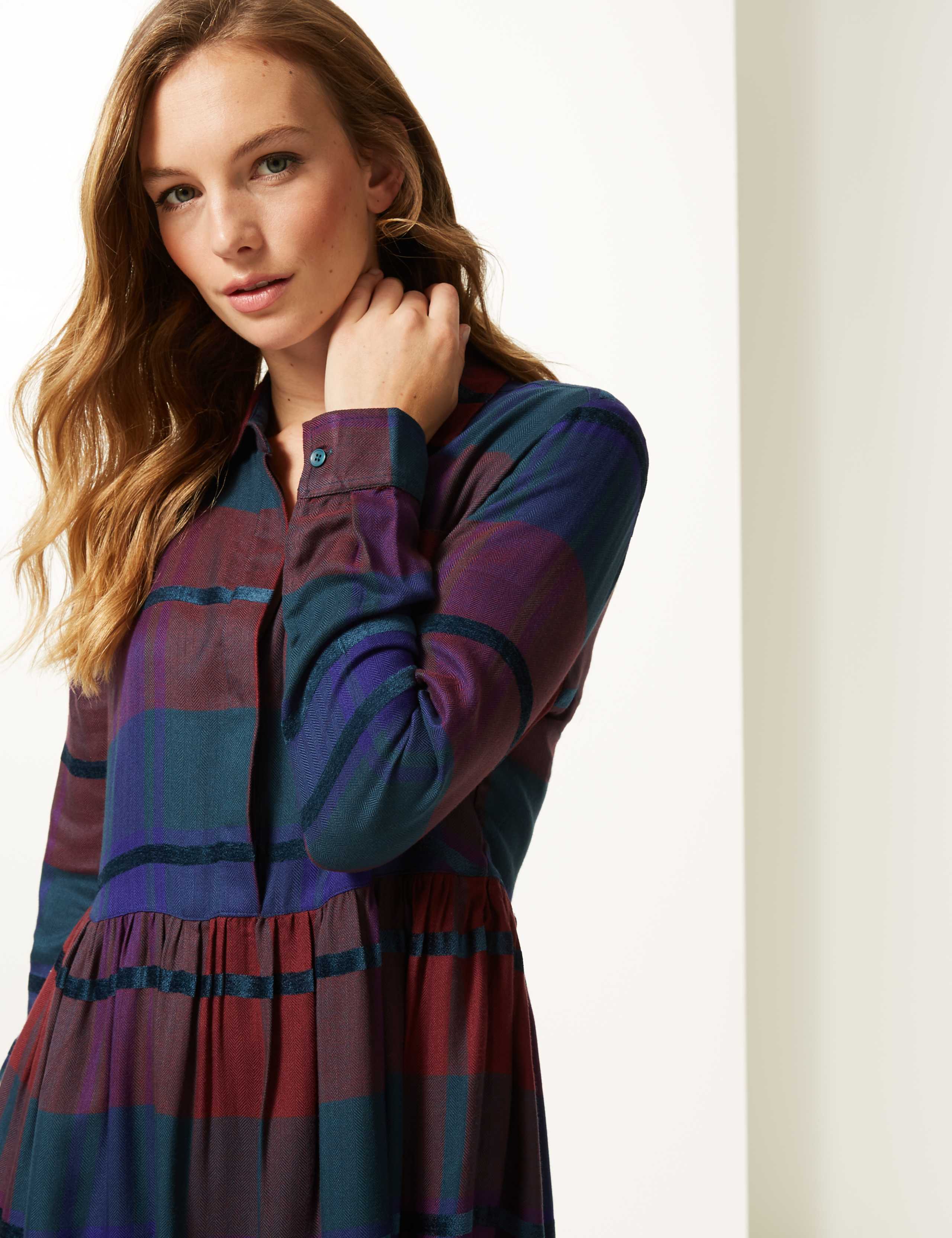 Checked Long Sleeve Drop Waist Dress 3 of 4