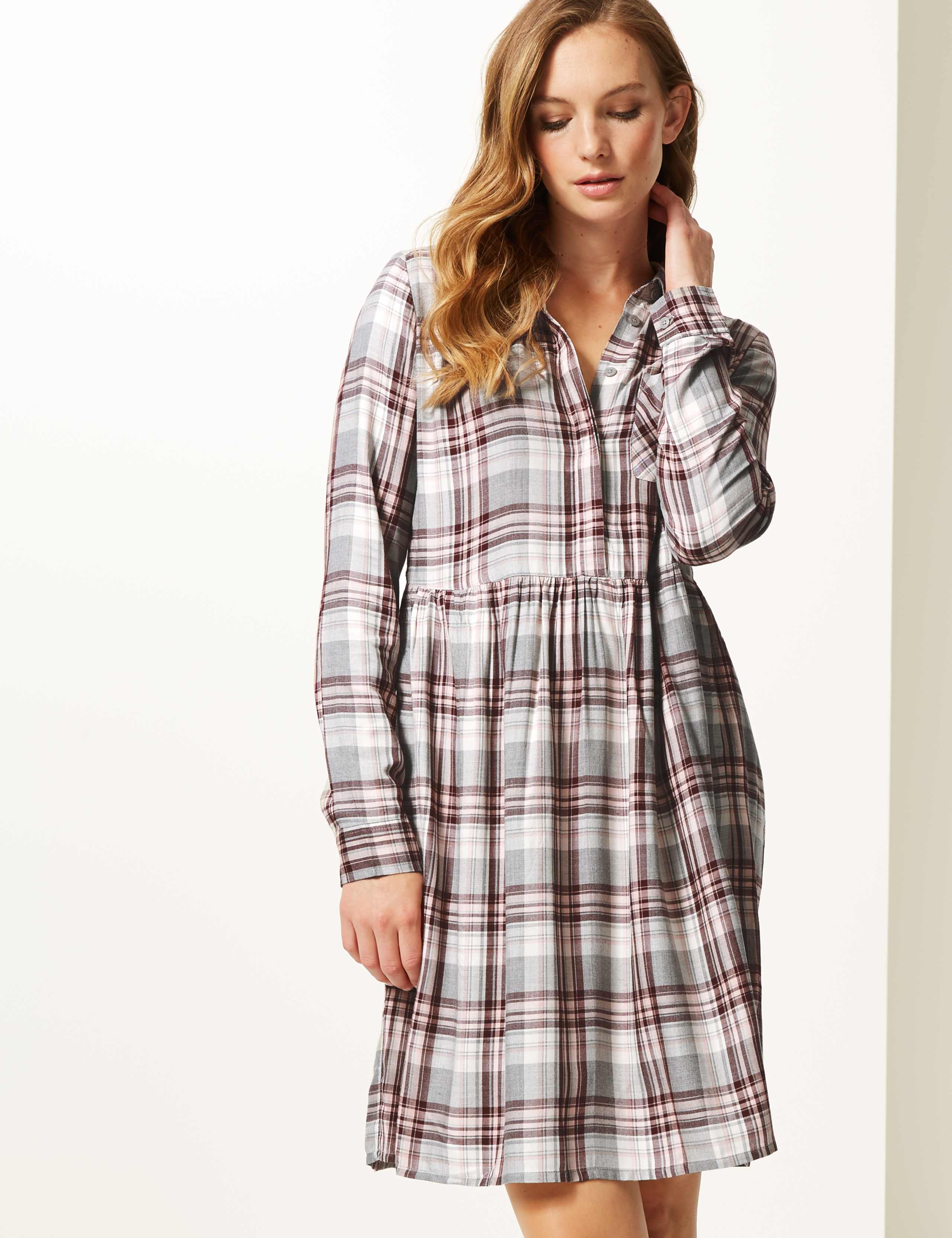 Checked Long Sleeve Drop Waist Dress 1 of 4
