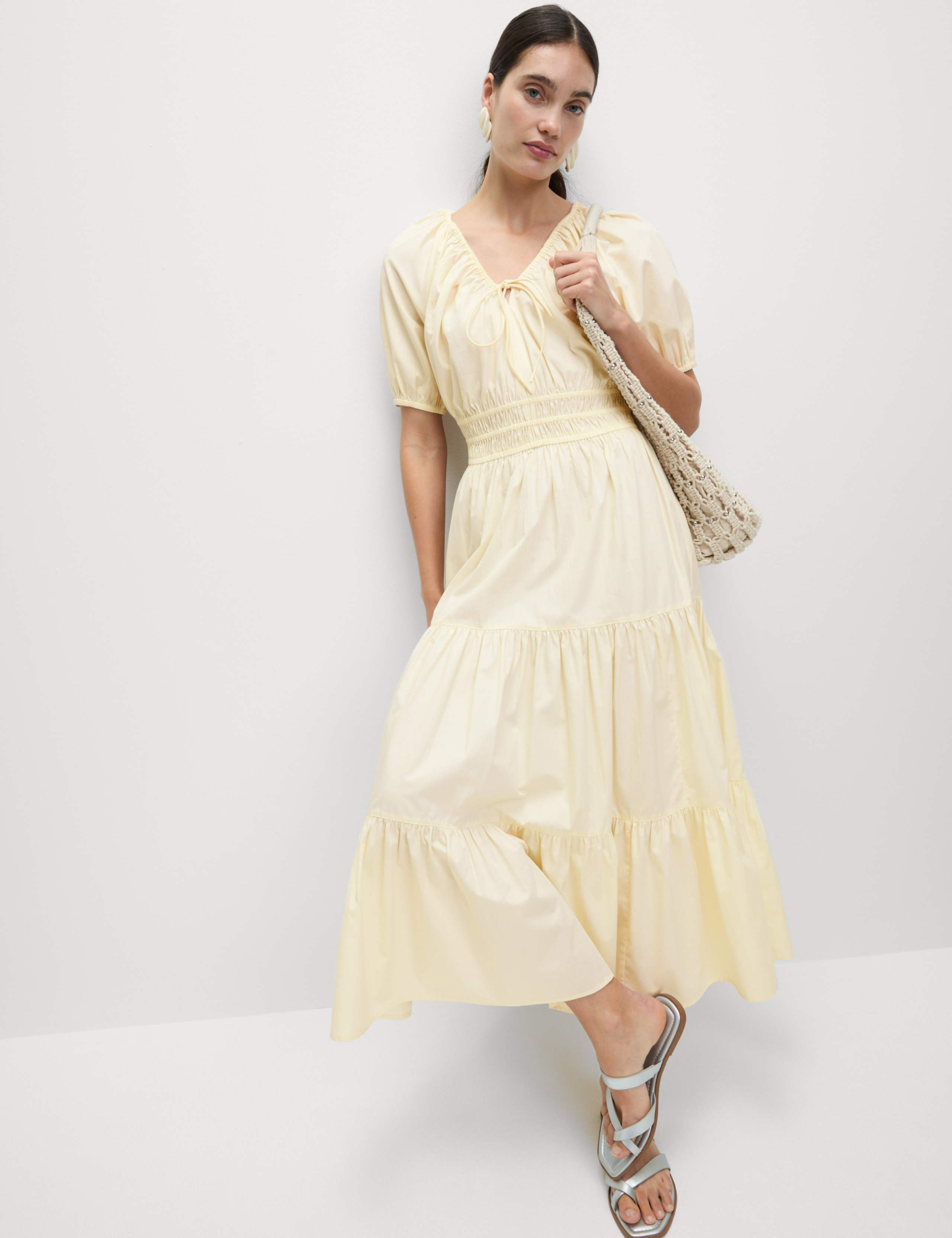 Pure Cotton V-Neck Midi Waisted Dress 5 of 6