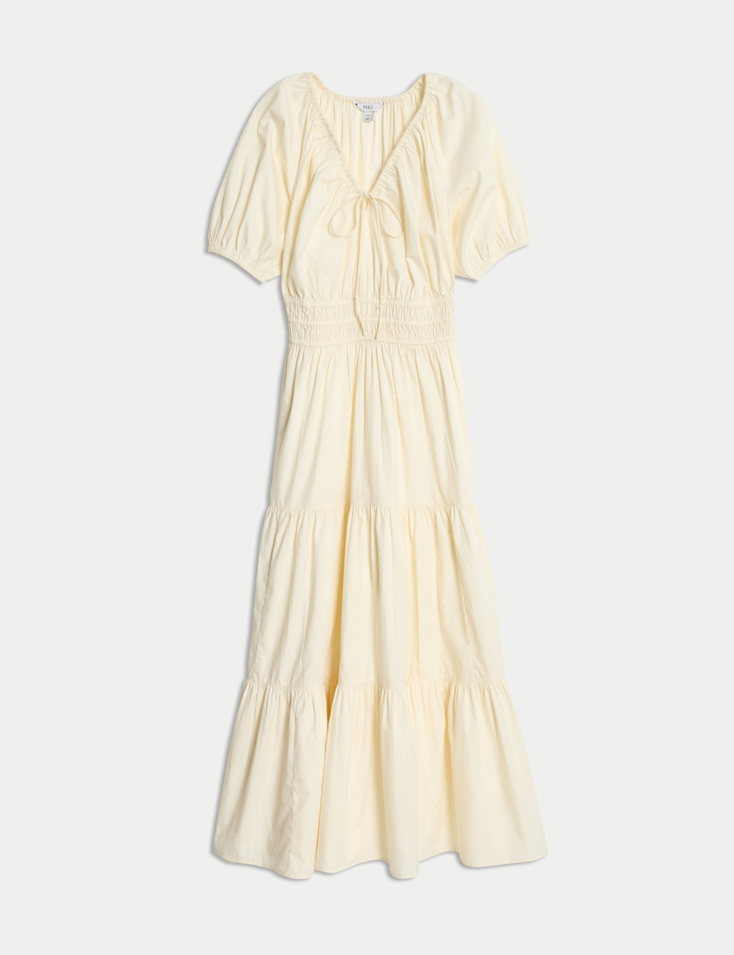 Pure Cotton V-Neck Midi Waisted Dress 2 of 6