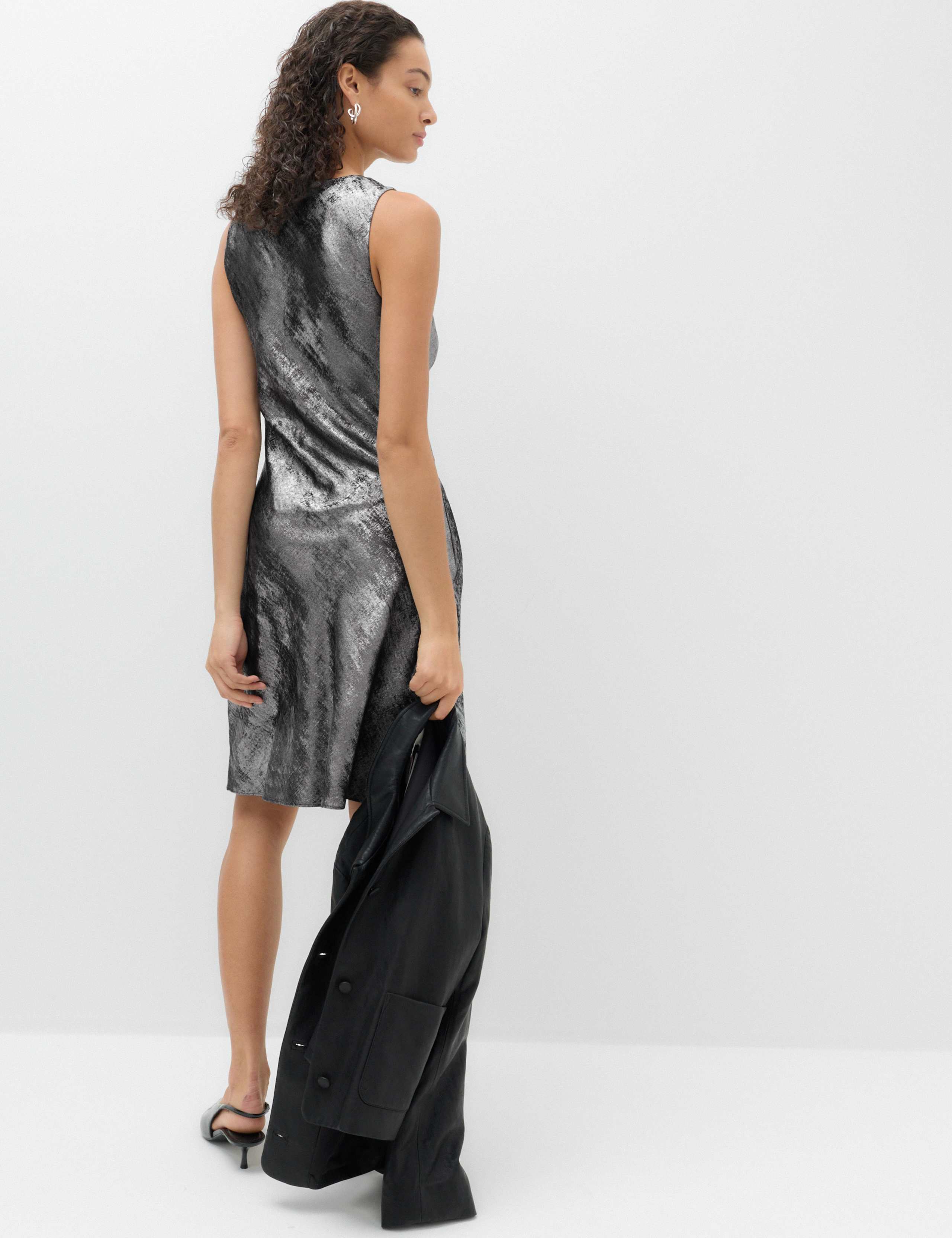 Metallic Cowl Neck Knee Length Slip Dress 4 of 6