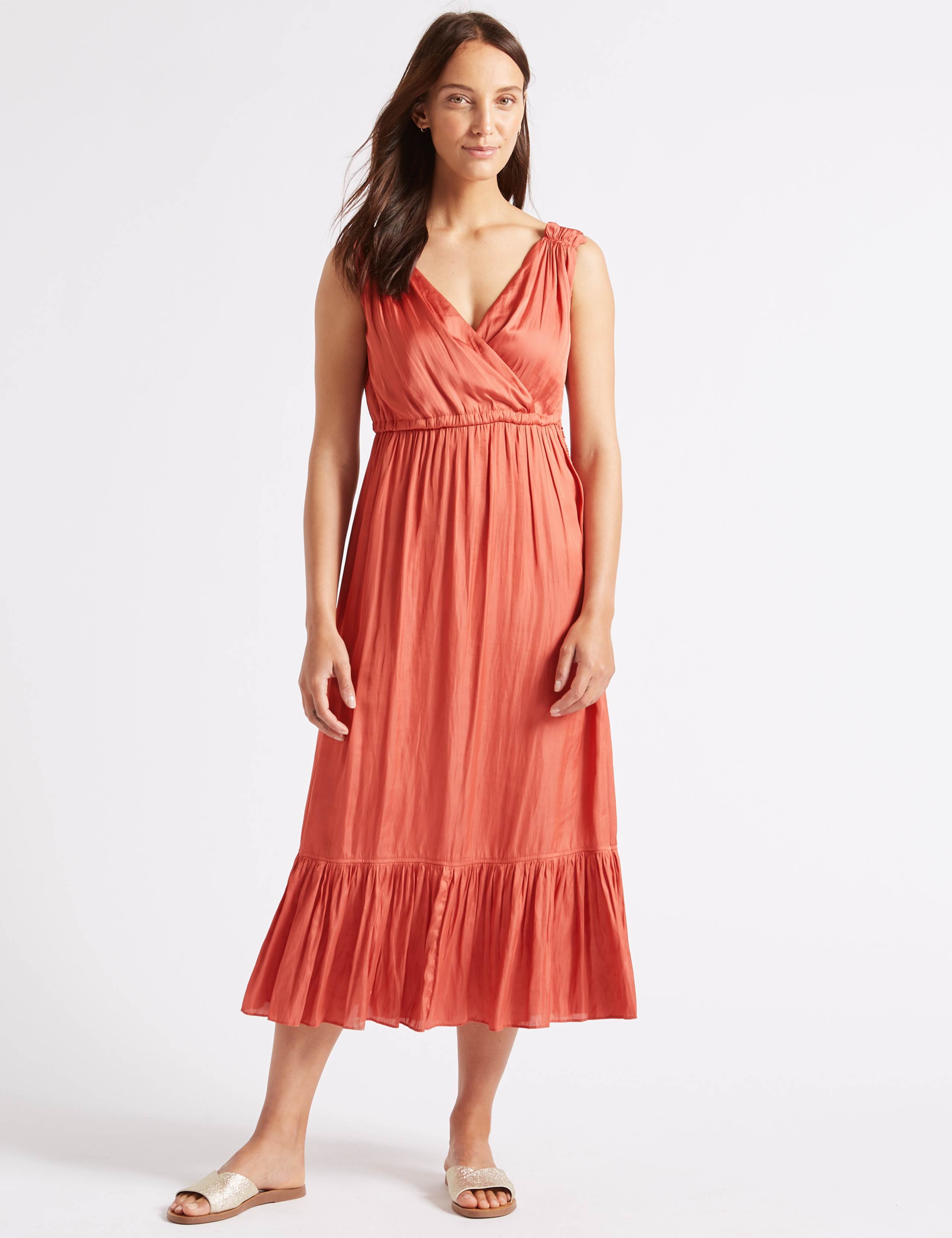 Satin Tiered Slip Midi Dress 1 of 6