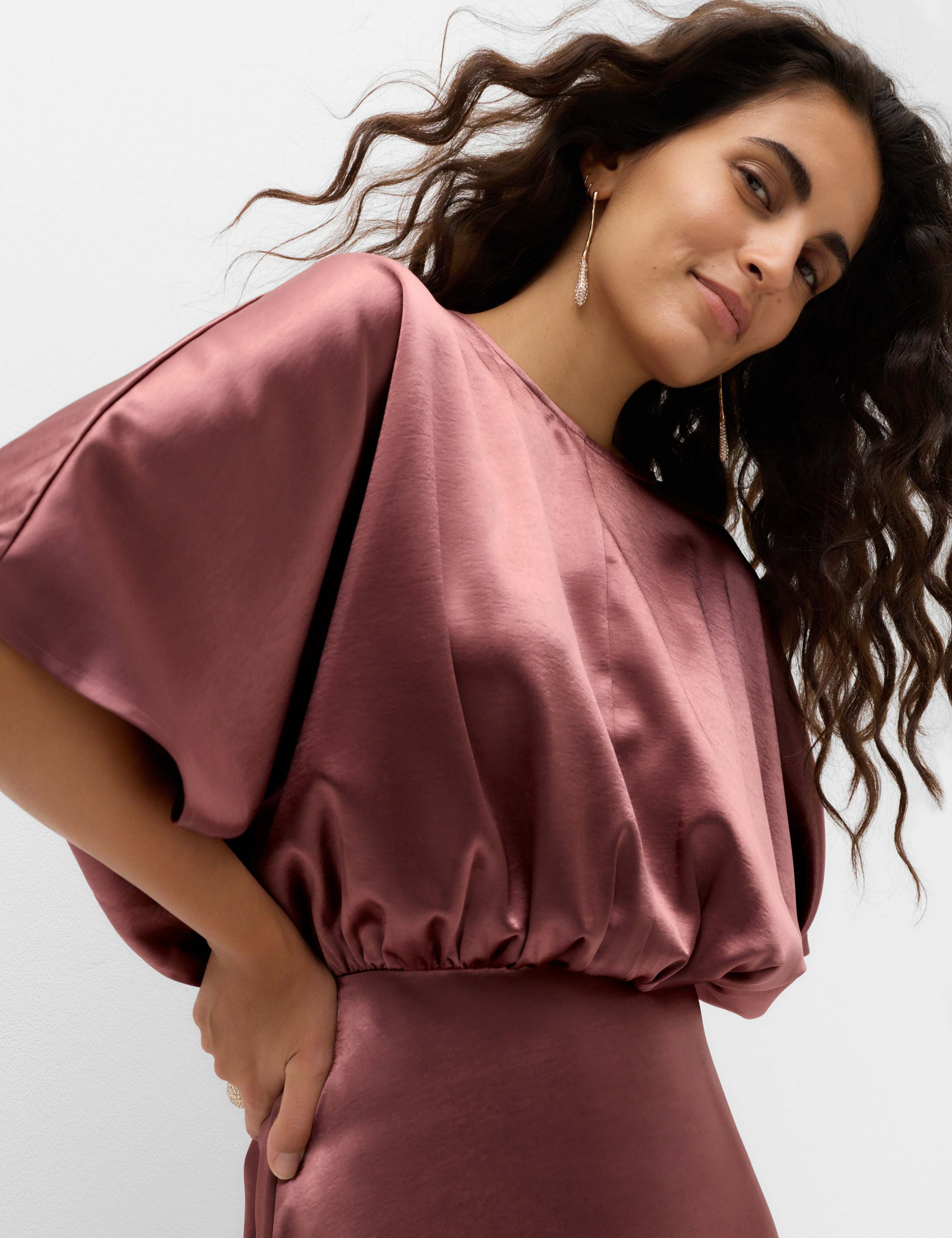 Satin Flute Sleeve Round Neck Mini Waisted Dress 3 of 5
