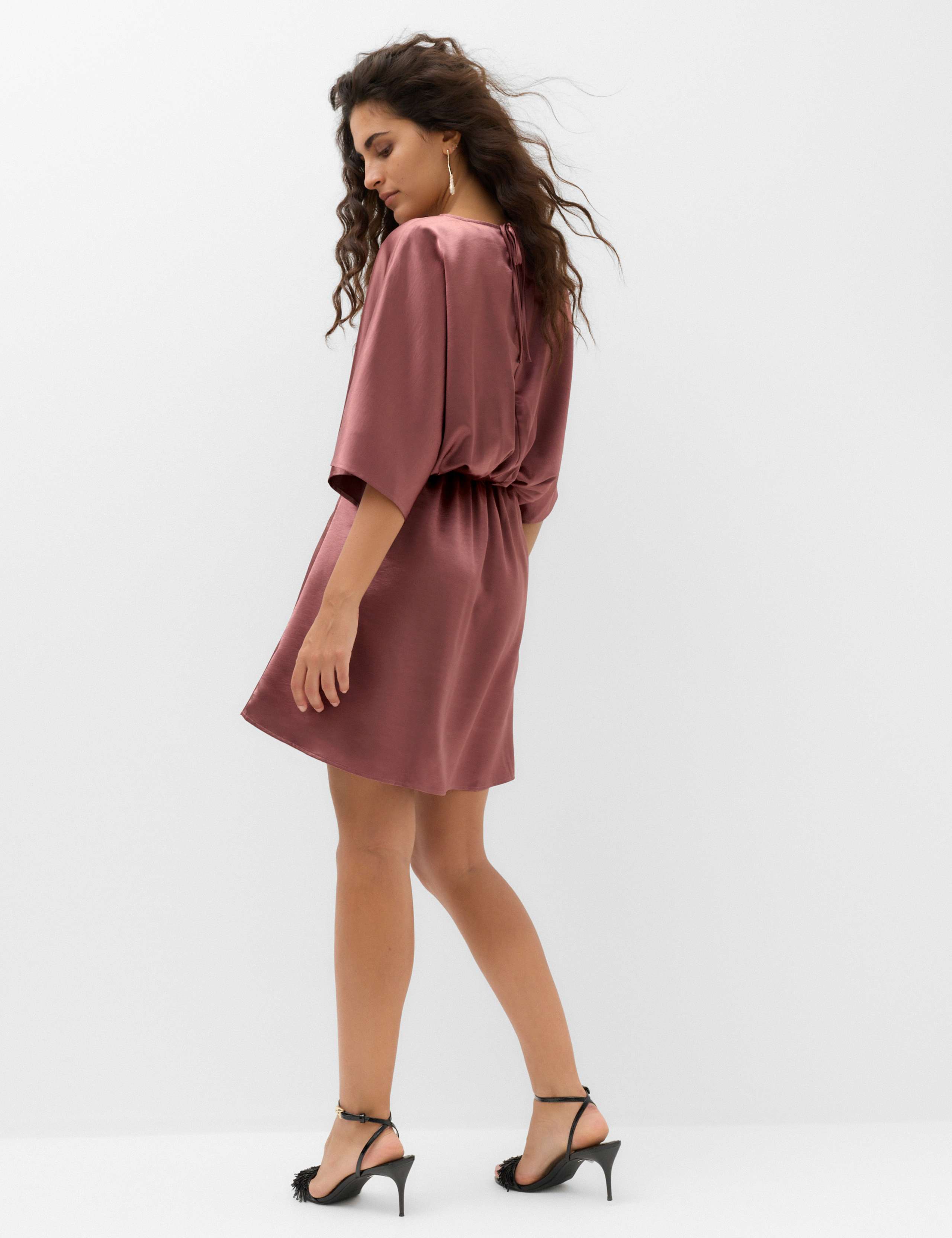 Satin Flute Sleeve Round Neck Mini Waisted Dress 4 of 5
