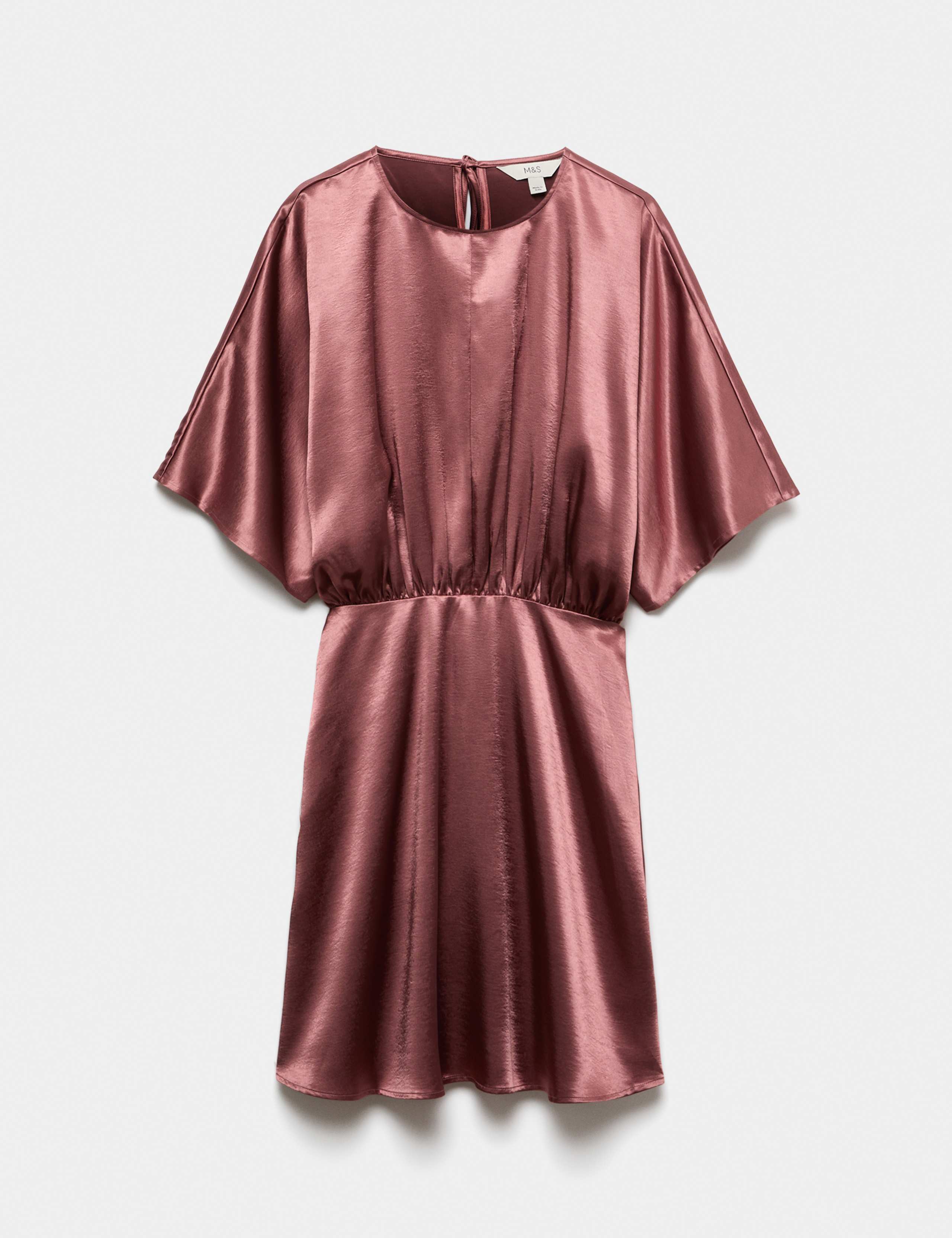 Satin Flute Sleeve Round Neck Mini Waisted Dress 2 of 5
